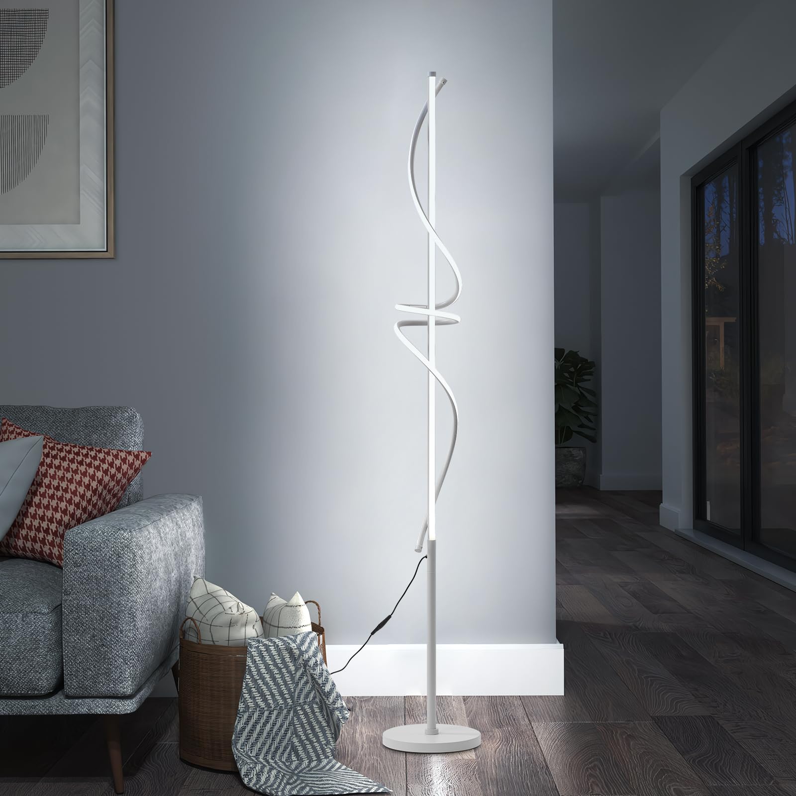POWROL Modern LED Floor Lamp with Remote & Foot Switch - 3000K-6000K Dimmable Spiral Floor Light for Living Room, Bedroom & Office - Adjustable Brightness for Reading, Working & Relaxing