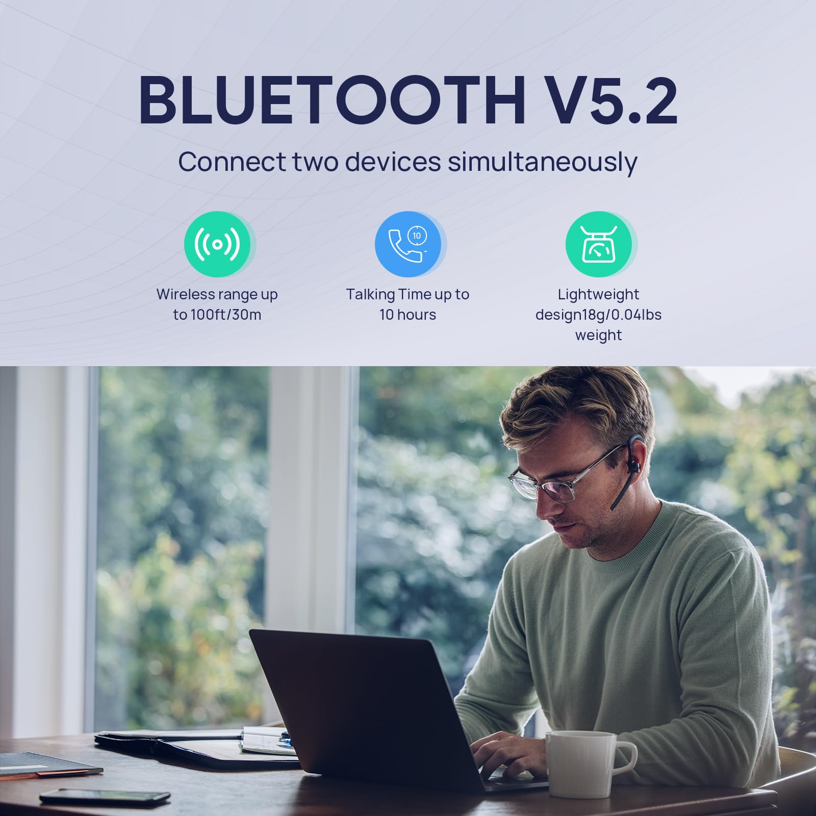 Yealink BH71 Wireless Bluetooth Headset with Noise Canceling Microphone - Lightweight Hands-Free Earpiece for Cell Phone, PC, Driving, Business & Office Use - Perfect for Conference Calls & Remote Work