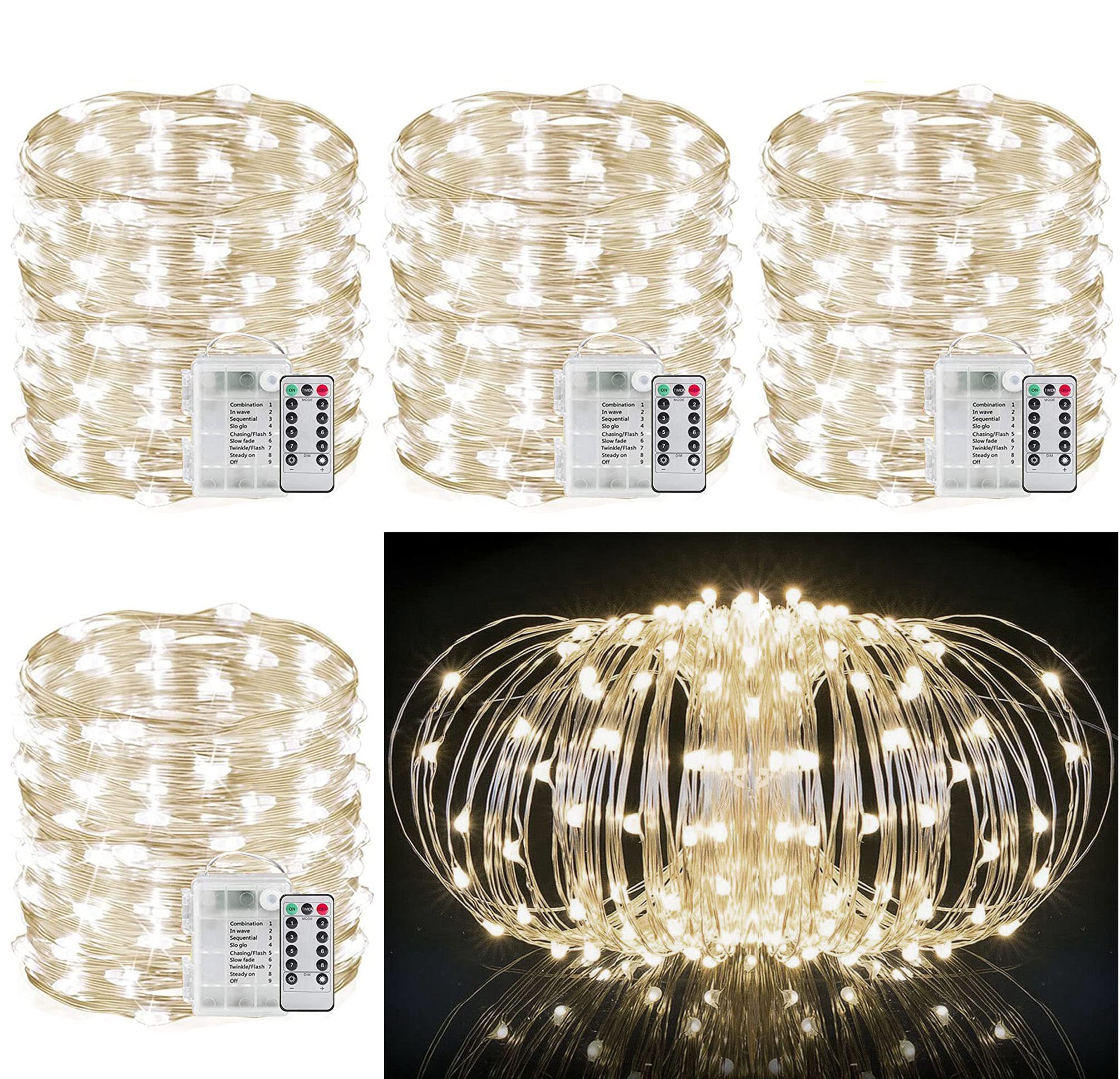 33ft Battery Fairy Lights with Remote - 100LED 4 Pack Waterproof for Bedroom & Outdoor Decor