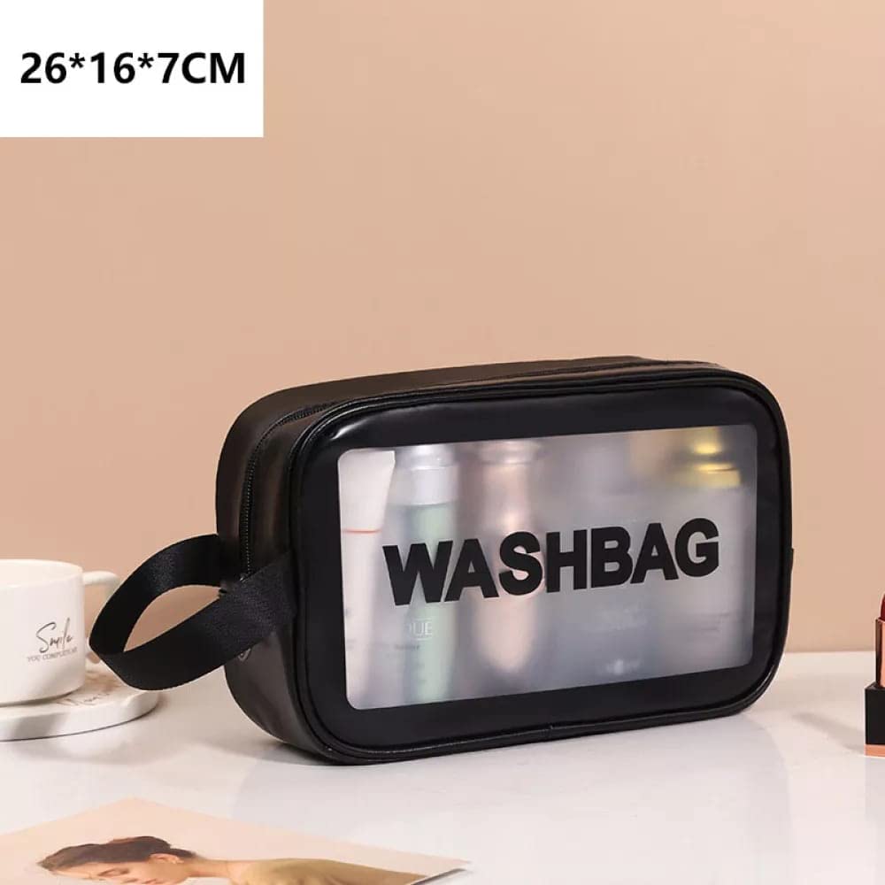 **Waterproof PVC Travel Toiletries Bag - Clear Cosmetic Makeup Organizer Pouch for Women | Portable Wash Bag for Shampoo, Lotion & Essentials | Perfect for Air Travel, Gym & Camping (Black)**