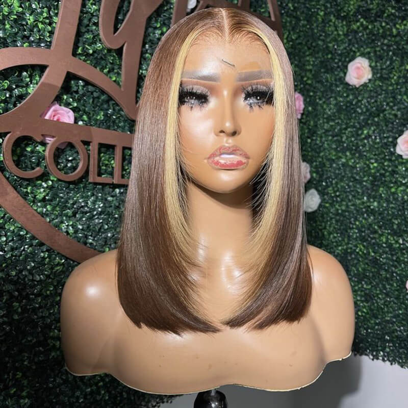Eullair Short Layered Straight Bob Wig - Chocolate Brown with Honey Blonde Highlights 100% Human Hair Wavy Loose Wig for Women | Perfect for Cosplay, Daily Wear & Costume Parties