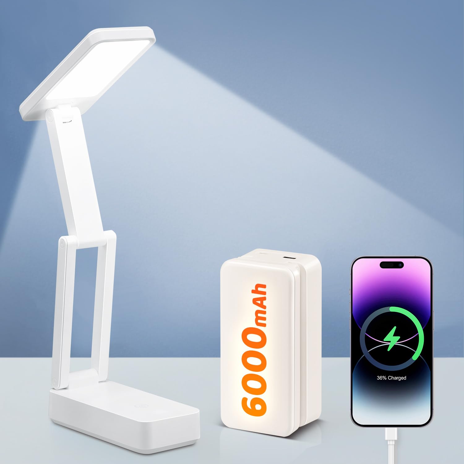 Rechargeable Small Desk Lamp - 6000mAh Battery, 3 Color Modes & 15 Brightness Levels, USB Charging Portable Light for Reading, Studying, Nail Art, Puzzles, and Office Work