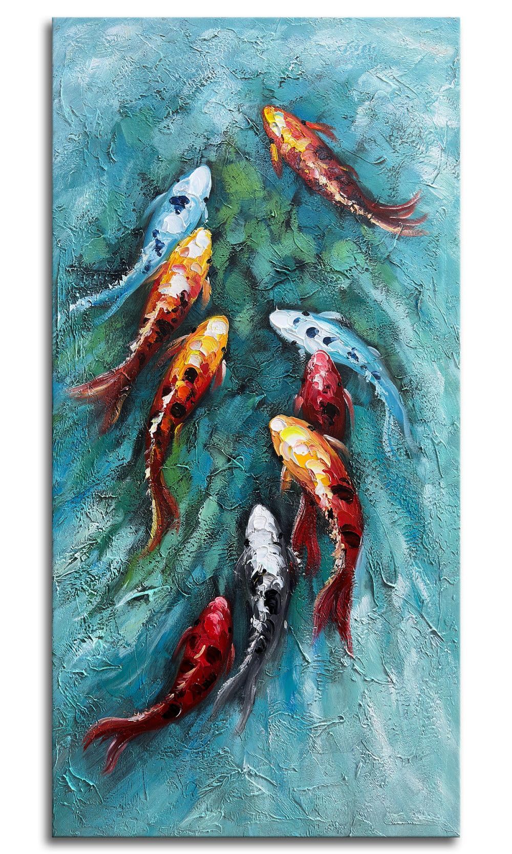 Zoinart Hand-Painted 3D Nine Fishes Oil Painting on Canvas - 24x48 Inch Vertical Modern Abstract Wall Art - Ready to Hang Home Decor for Living Room, Bedroom & Office
