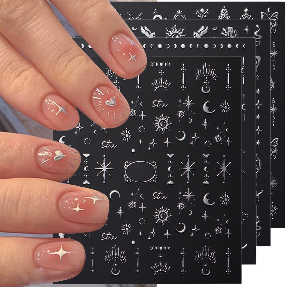 3D Silver Nail Stickers - Elegant Star, Moon, Sun & Butterfly Designs for DIY Nail Art | Perfect for Party, Wedding, Prom & Special Occasion Nail Decor