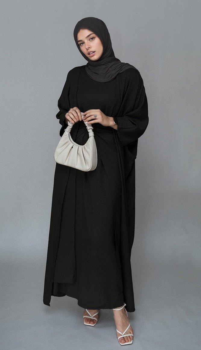 Natural Linen 3-Piece Set with Slip Dress, Apron & Open Front Abaya - Black Boho Modest Outfit for Women | Perfect for Home, Beach & Casual Wear