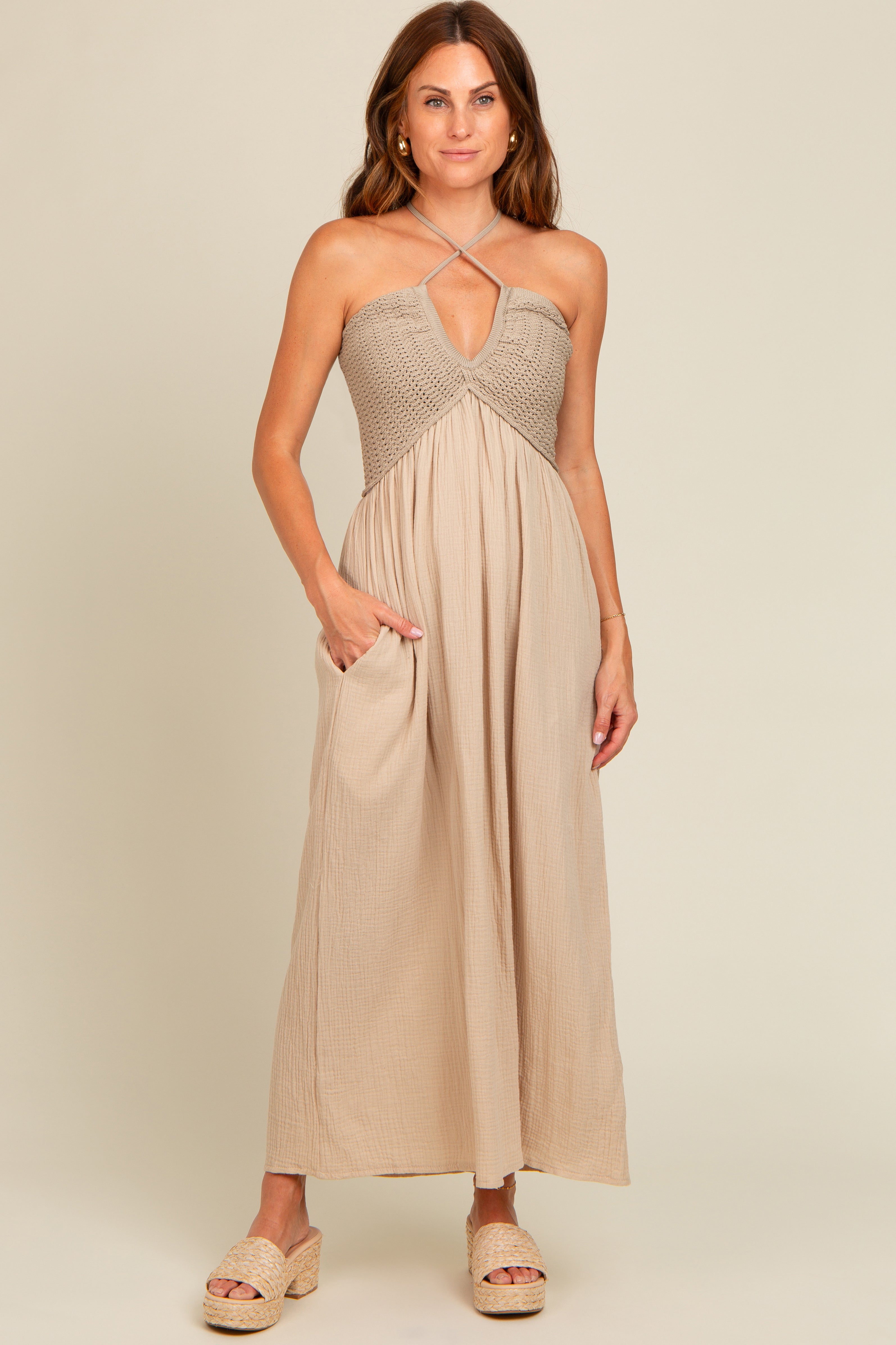 Beige Halter Crochet Maternity Maxi Dress for Women - Boho Summer Beach Pregnancy Outfit, Perfect for Maternity Photos, Baby Showers & Vacation Wear