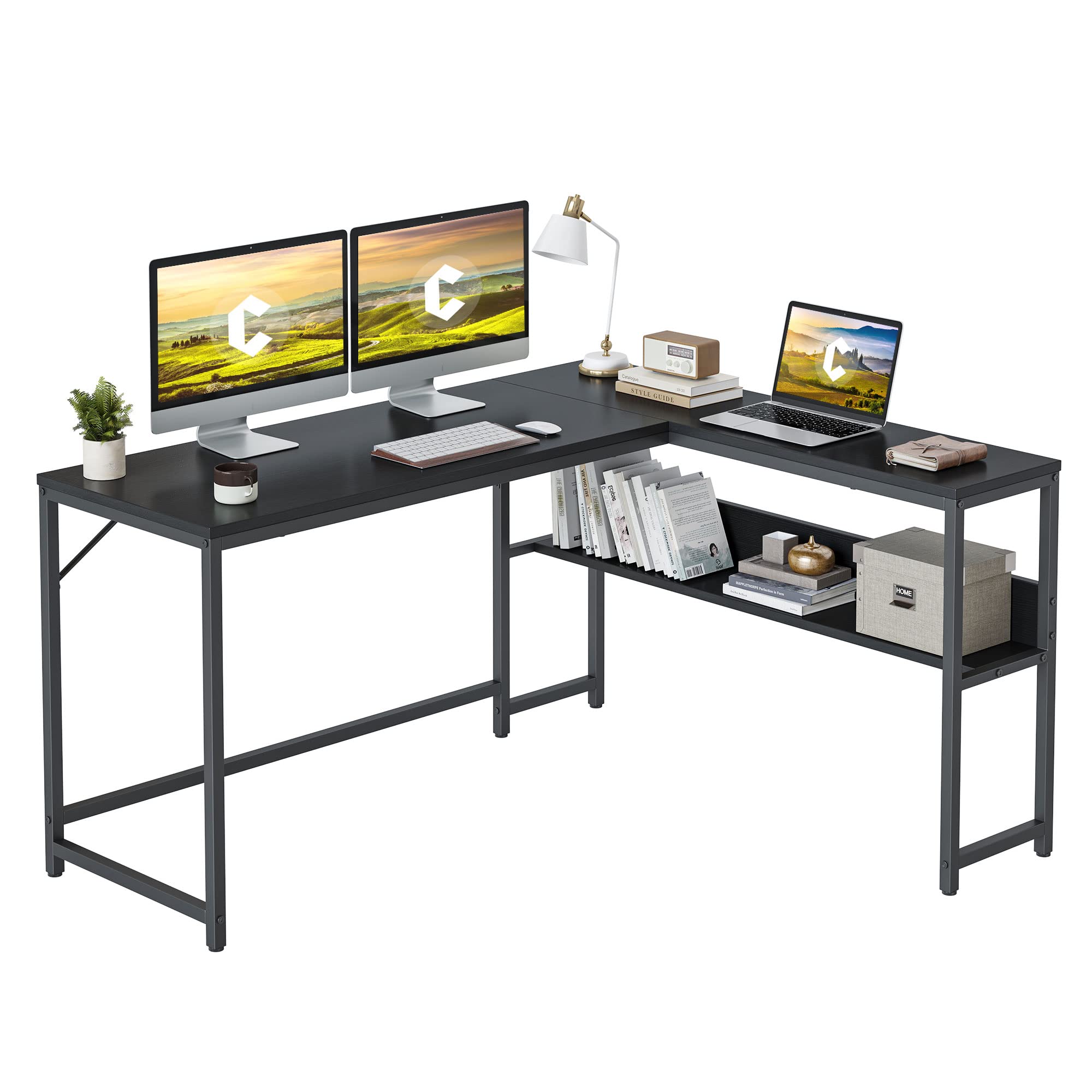 CubiCubi 55.1 Inch L-Shaped Corner Computer Desk with Storage Shelves - Home Office Workstation, Study Writing Table with Open Shelves - Perfect for Small Spaces & Gaming Setup (Black)