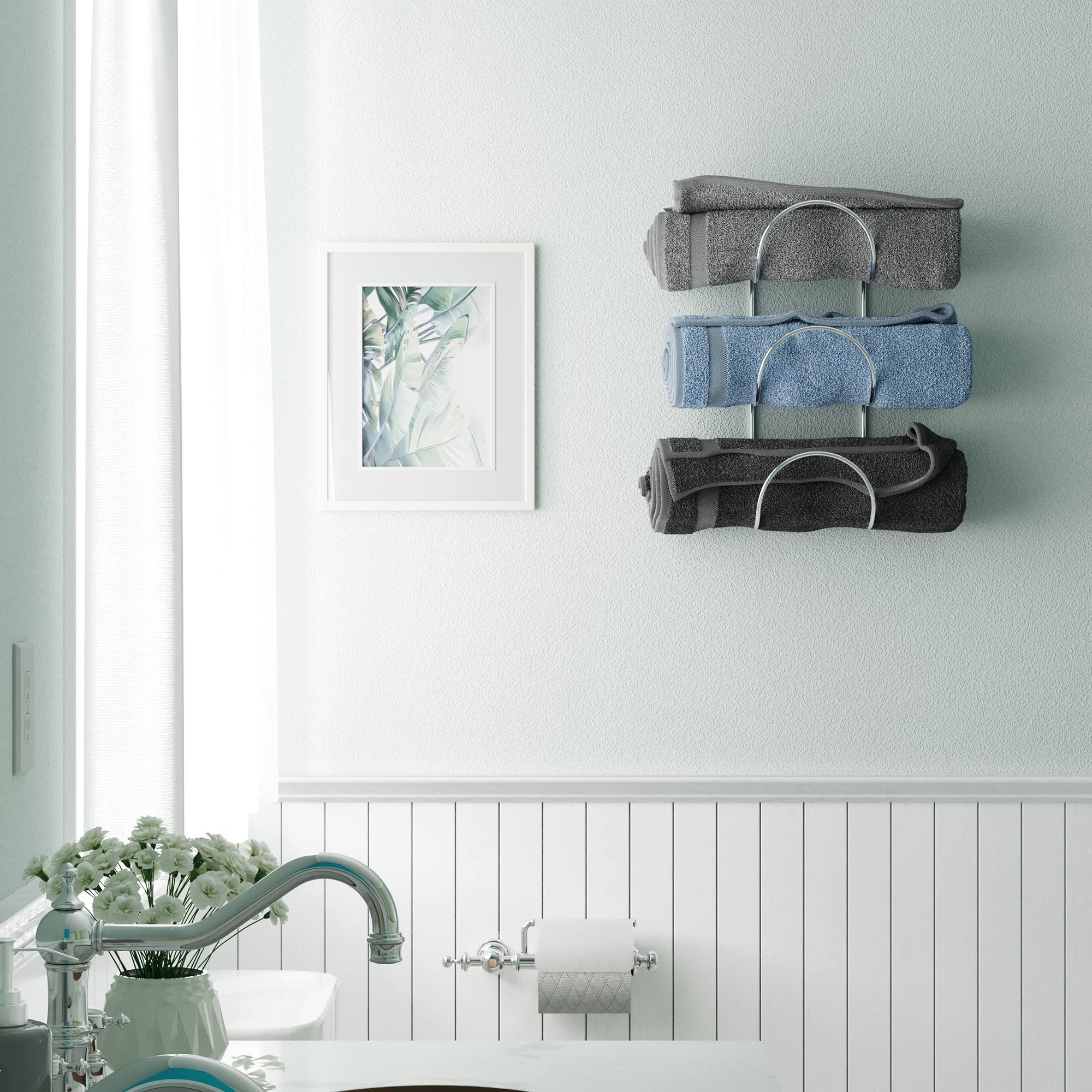 Wall Mounted Chrome Round Bathroom Towel Rack - 3 Sectional Organizer for Hand & Bath Towels | Space Saving Bathroom Storage Solution for Small Spaces & Apartment Living