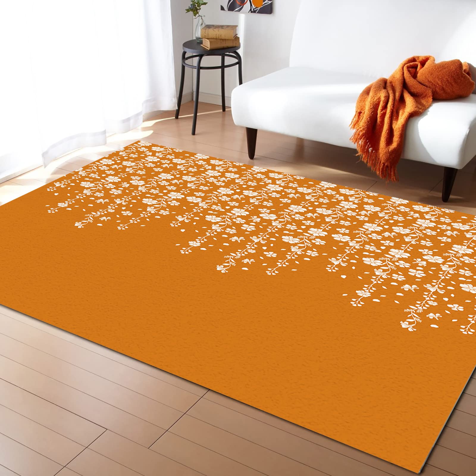 5'x8' Orange Area Runner Rug - Washable Indoor Outdoor Carpet for Kitchen, Living Room, Bathroom, Bedroom, Classroom & Laundry Room - White Watercolor Floral Leaves Design - Perfect as Welcome Mat, Doormat or Desk Floor Mat