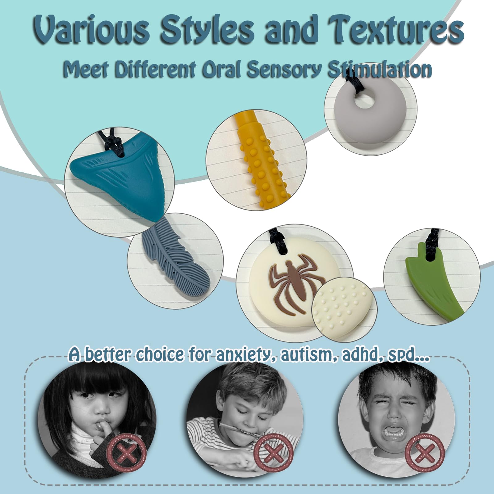 Sensory Chew Necklaces for Kids - 6 Pack Silicone Chewy Necklace Toys for Autism, ADHD, SPD - Boys & Girls Teething Jewelry to Reduce Chewing & Fidgeting - Perfect for School, Travel, and Calming Sensory Needs