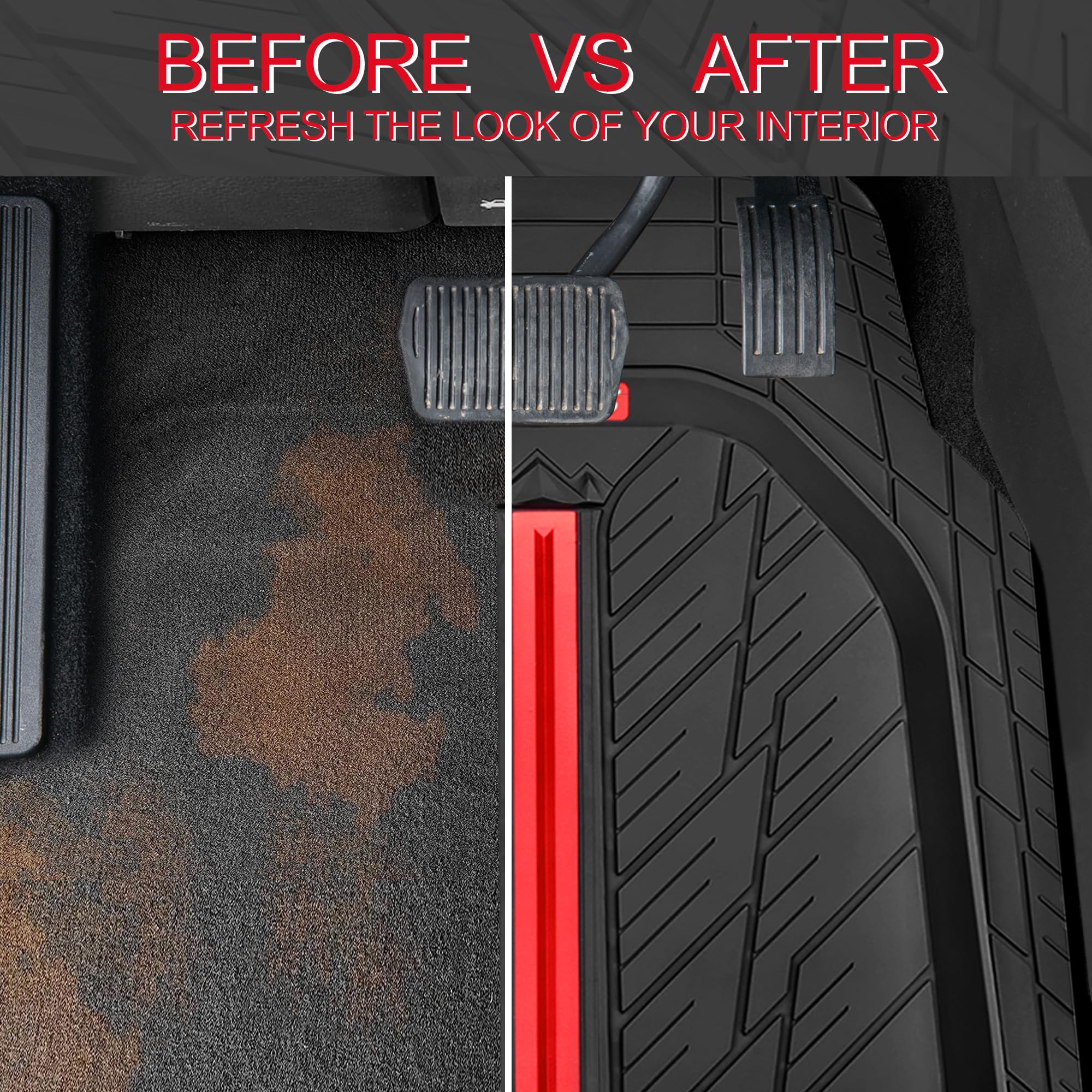 Heavy Duty All Weather Rubber Floor Mats for Cars & SUVs - CAR PASS Tire Tread DeepDish Design, Universal Fit (Trim to Size), Waterproof 3-Piece Set (Red/Black) - Perfect for Trucks, SUVs & Off-Road Vehicles in Rain, Snow & Mud Conditions