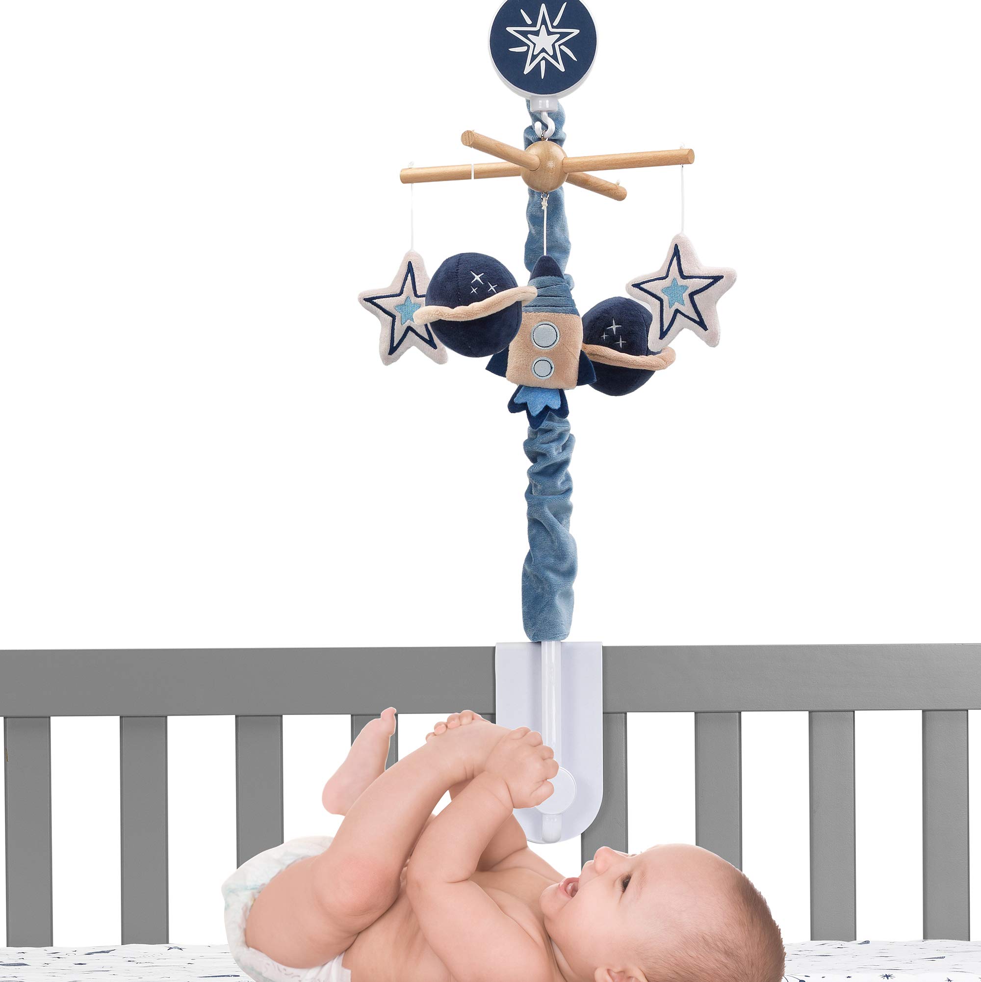 Lambs & Ivy Sky Rocket Planets and Stars Musical Baby Crib Mobile Soother Toy - Blue | Calming Nursery Decor for Newborns & Infants | Perfect Baby Shower Gift
