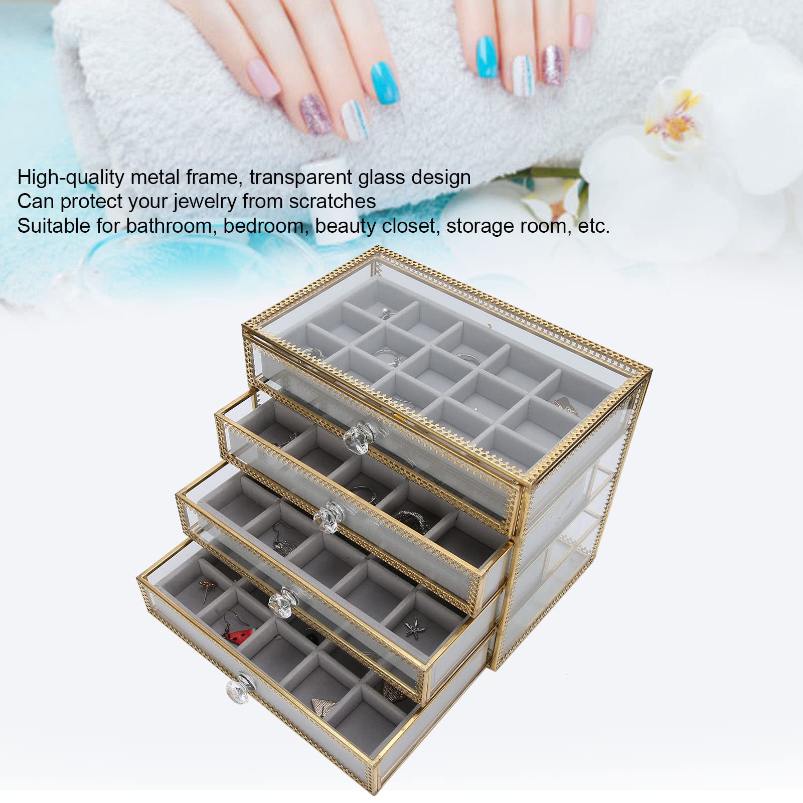 EXCLUZO 60 Grids Clear Glass Nail Art Organizer Box with 4 Drawers - Nail Polish & Jewelry Storage for Salon, Home, and Mall Counter Display