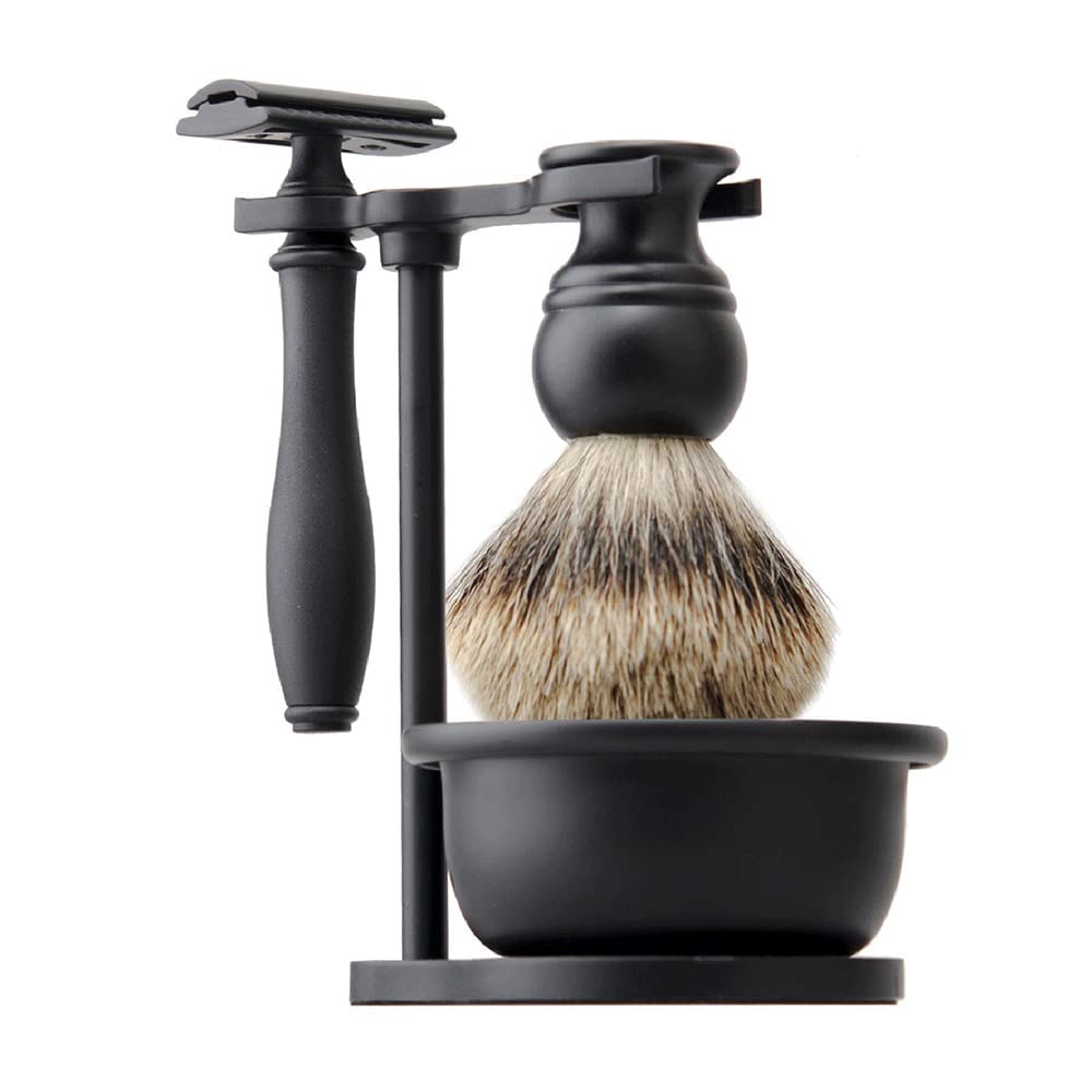 4-in-1 Alloy Beard Grooming Kit - Manual Razor, Shaving Brush, Soap Bowl & Stand - Portable Men's Shaving Set - Perfect Travel Gift for Him (Black) - Ideal for Home Use, Business Trips & Grooming Gifts