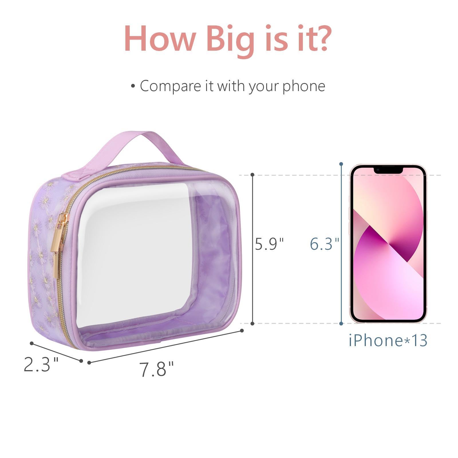 PACKISM Floral Print TSA Approved Clear Toiletry Bag - 180° Wide Opening Travel Makeup Organizer with Handle, 0.5mm Thick PVC for Liquids & Cosmetics | Perfect for Air Travel, Cruise Vacations & Gym Essentials (Purple)