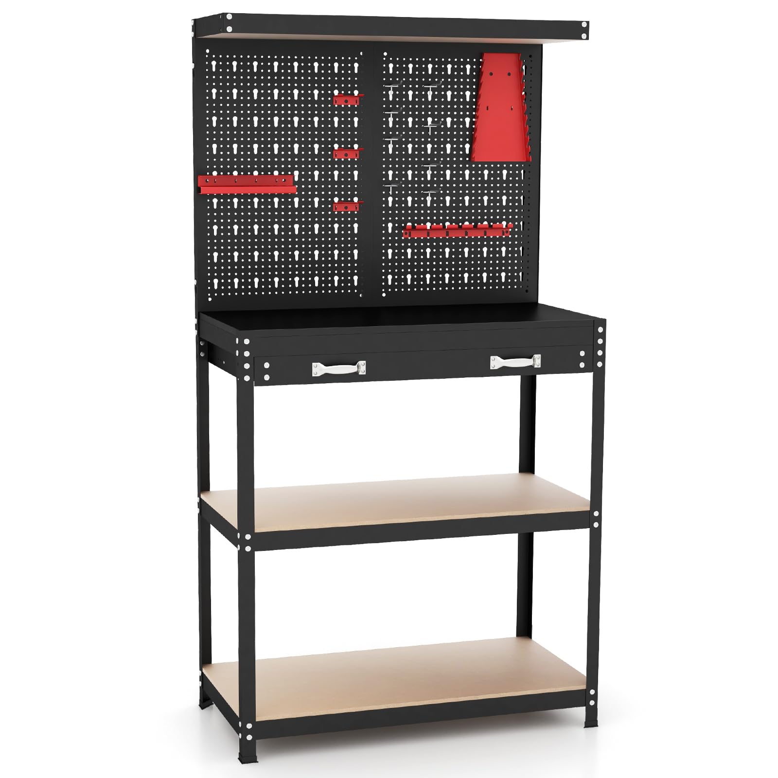 Heavy Duty IRONMAX 32’’ Workbench with Drawers - 14 PC Hanging Kits, 2 Storage Shelves & Long Drawer - Sturdy Workstation Organizer for Garage, Home Workshop, Auto Repair & DIY Projects