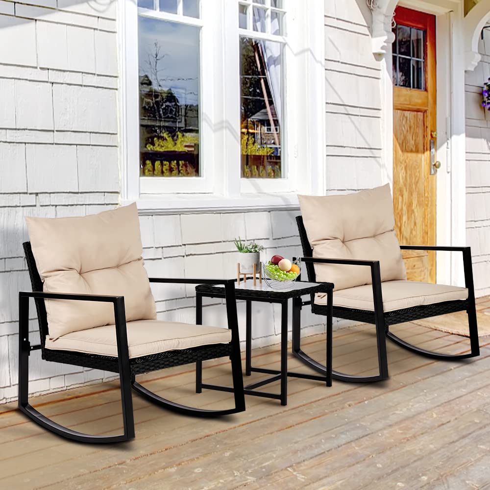 DKeli 3-Piece Outdoor Rocking Chair Set - Modern Wicker Patio Furniture with Thick Cushions & Glass Coffee Table - Rattan Bistro Conversation Set for Backyard, Porch, Poolside, Garden, and Lawn Relaxation