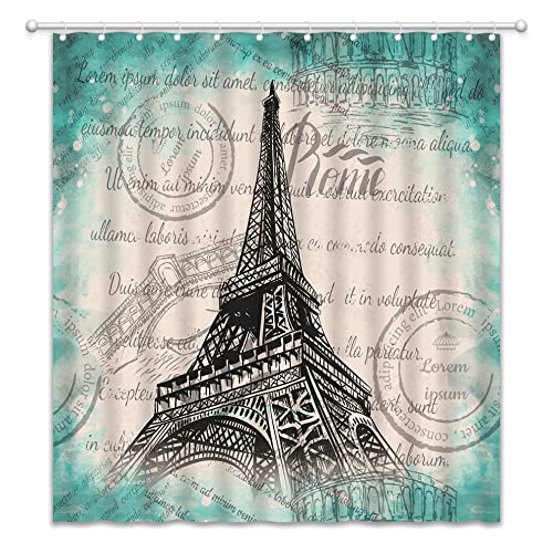 Vintage Eiffel Tower Shower Curtain - Hand-Painted Parisian Postmark Design, Romantic France Art, Architectural Landmark Bathroom Decor with Hooks | Perfect for Paris-Themed Bathrooms, French-Inspired Home Decor & Gift for Travel Lovers
