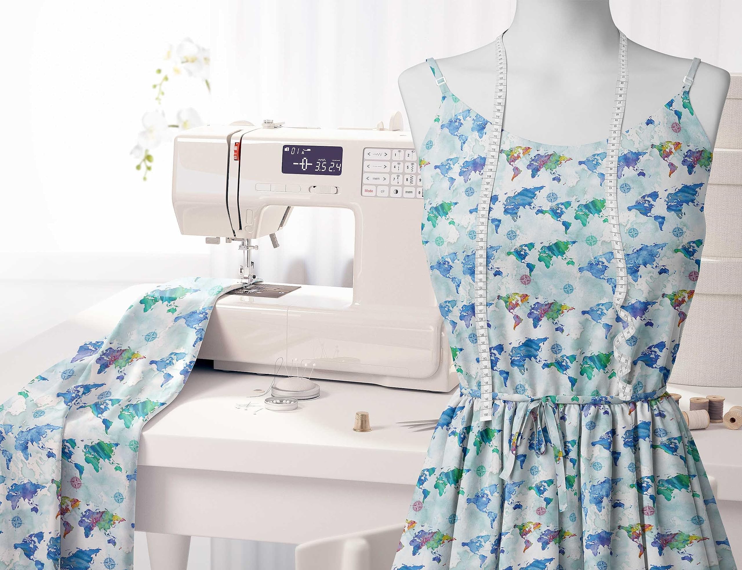 Soimoi 100% Cotton Voile Fabric - White Printed with Compass & World Map Design - 42 Inch Wide by The Yard - Perfect for Nautical Fashion, DIY Home Decor, Quilting, and Craft Projects