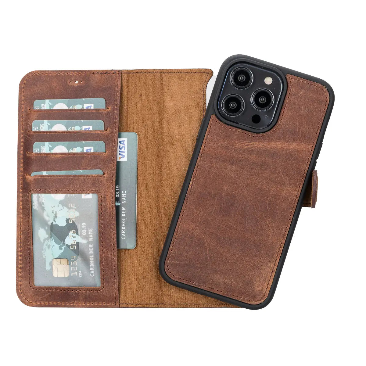 Vintage Brown Distressed Leather Wallet Case for iPhone 14 Pro Max - Slim Protective Phone Cover with Card Holder - Perfect for Everyday Use, Travel & Business (iPhone 14 Pro Max)