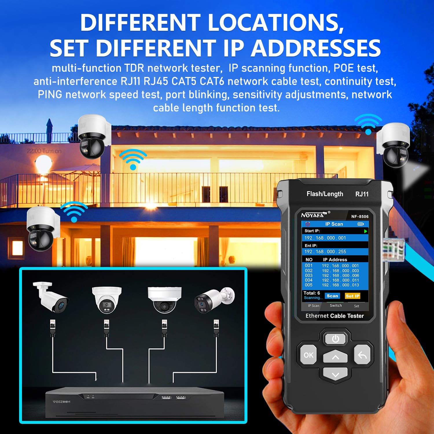 NOYAFA NF-8506 Professional Network Cable Tester with IP Scanner, Network Speed Test, NCV, POE, Ping & TDR for CAT5/CAT6 - RJ11/RJ45 LAN Ethernet Cable Tester & Telephone Wire Finder - Perfect for IT Technicians, Network Installations & Home Office Setup
