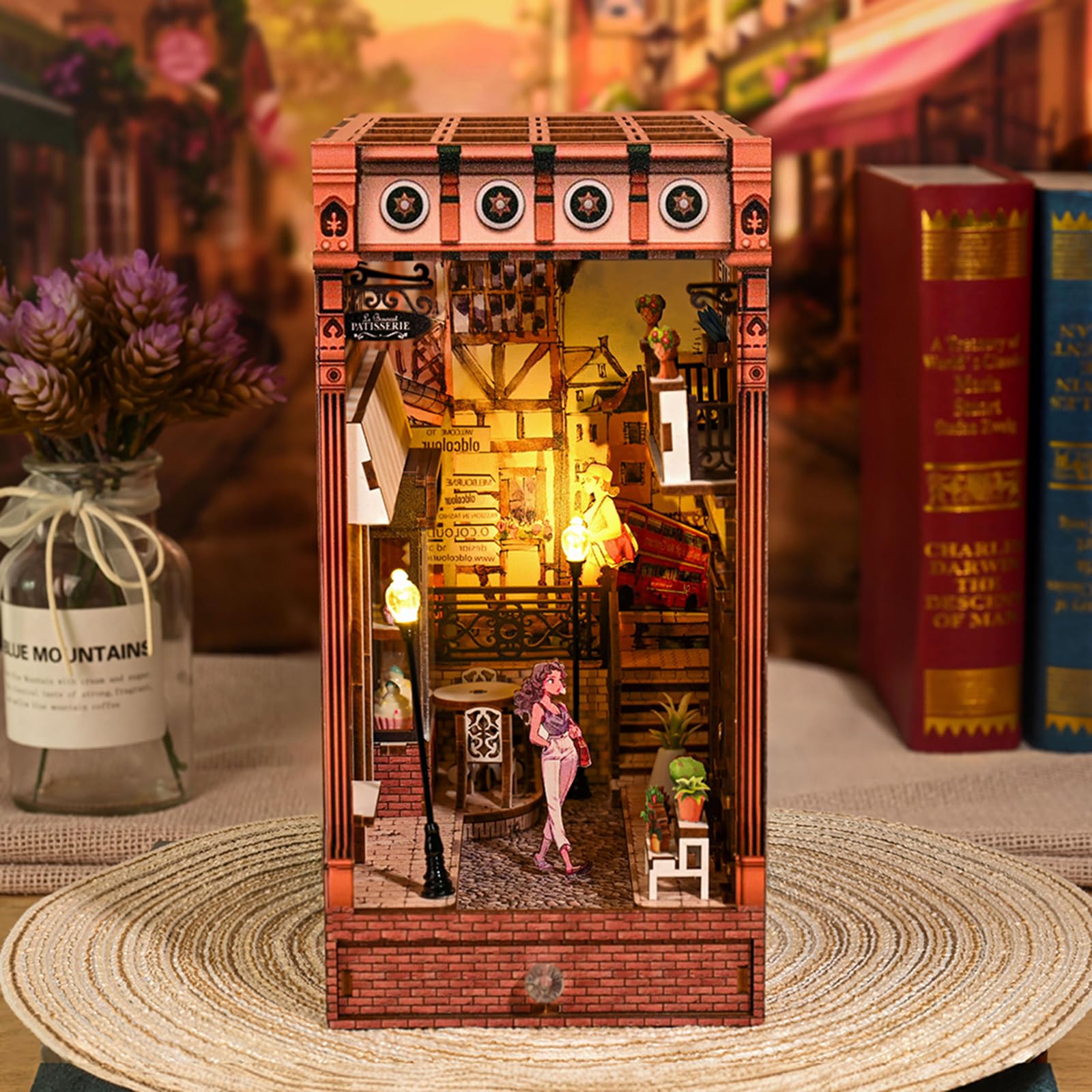 DIY Book Corner Building Kit - Miniature Wooden 3D Puzzle for Dollhouse, Bookshelf Model with LED Lights | Creative Home Decor, Gift for Book Lovers & Craft Enthusiasts | Perfect for Miniature Displays, Room Decor & Educational STEM Projects
