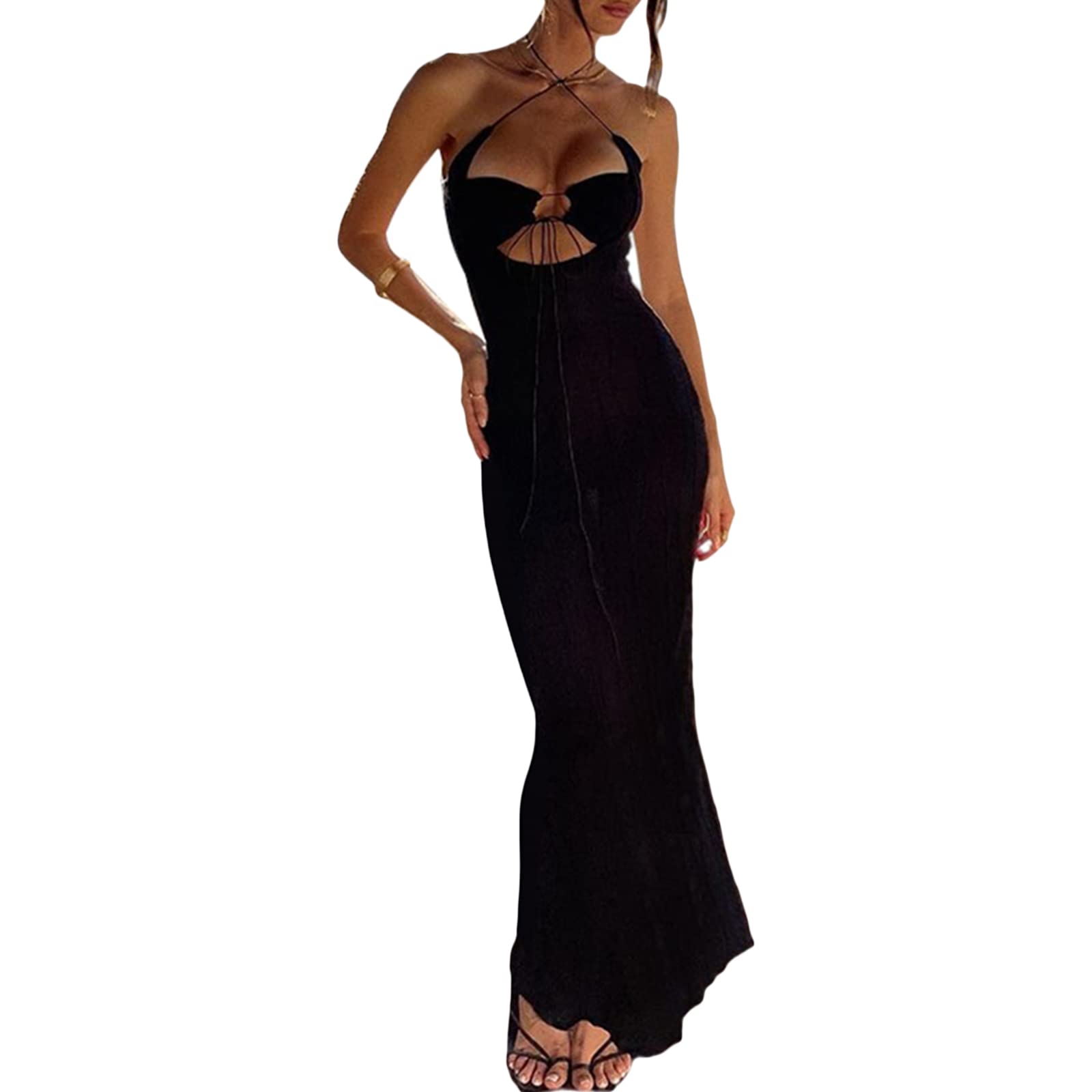 Seyumixi Women's Sexy Hollow Out Long Bodycon Dress - Backless Maxi Dress with V Neck & Spaghetti Straps for Cocktail Party, Evening, Date Night