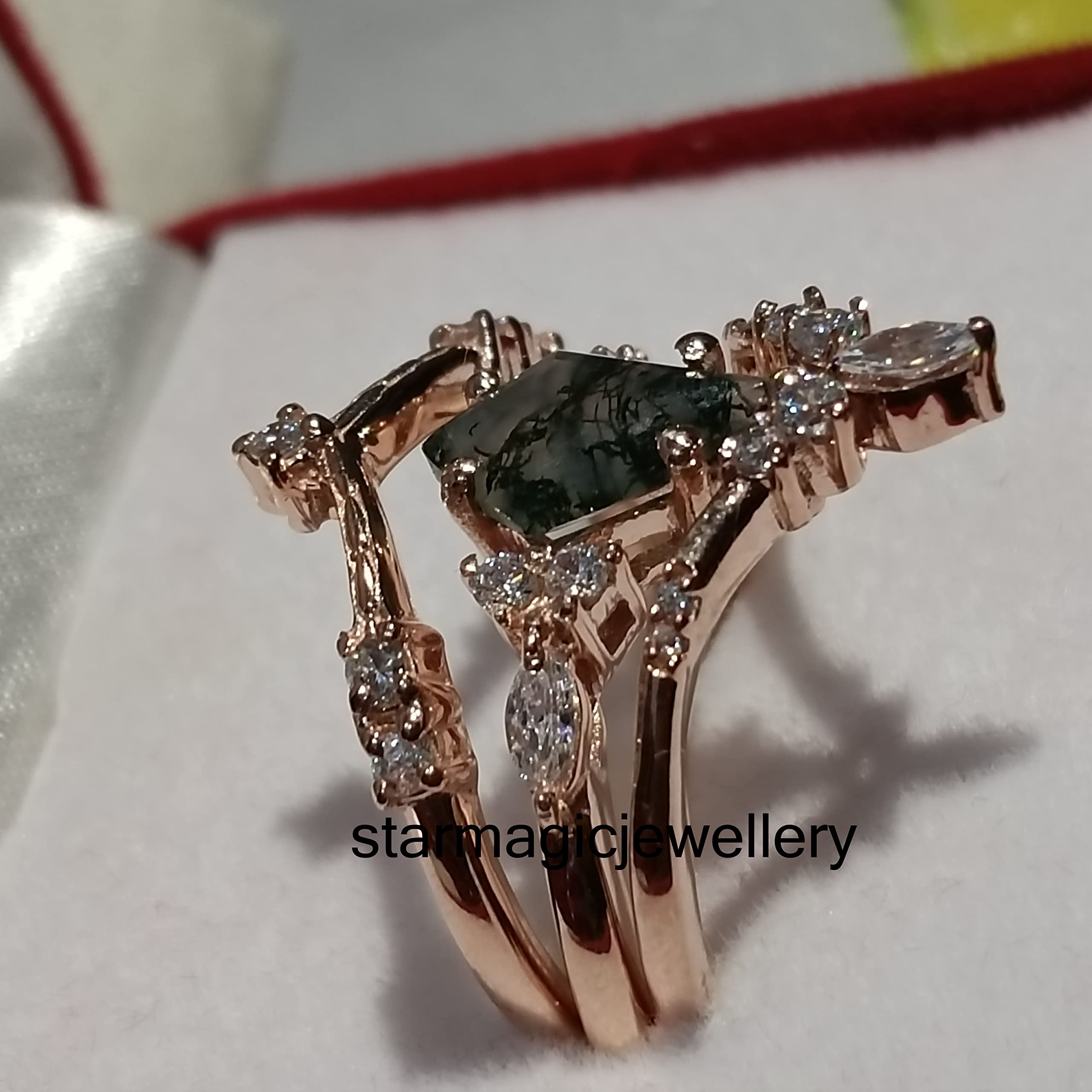 925 Sterling Silver Rose Gold Moss Agate Engagement Ring Set for Women - 3 Piece Bridal Ring Set, Art Deco Anniversary Jewelry - Perfect for Weddings, Proposals & Special Occasions