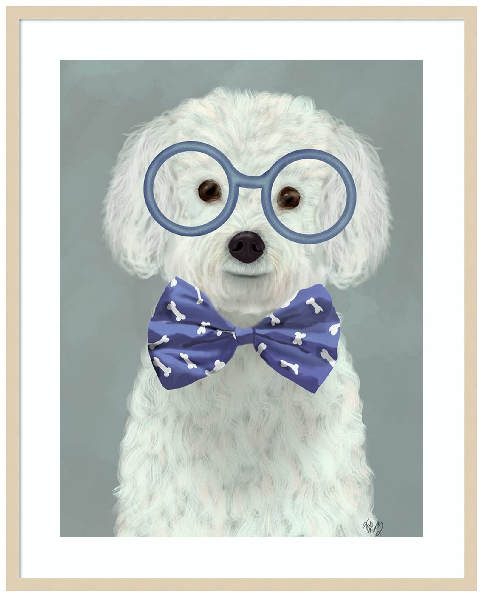 Amanti Art X-Large Wood Framed Wall Decor - Bichon Frise Dog Portrait with Glasses & Bow Tie by Fab Funky (33x41 Inches) - Svelte Natural Frame for Living Room, Bedroom or Office (Model# 5944895)