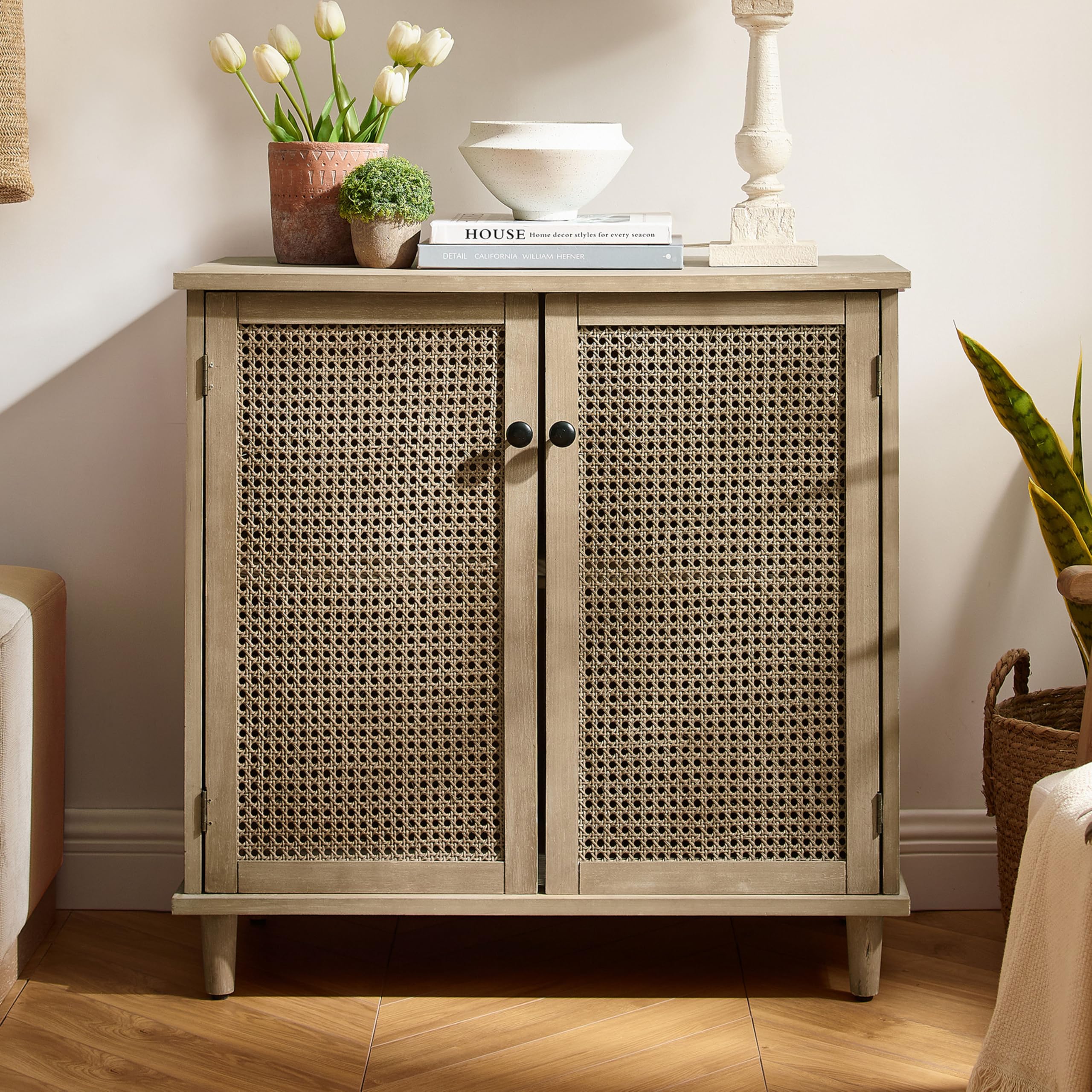 Art Leon 2-Door Rattan Storage Cabinet - Antique Natural Buffet Sideboard for Kitchen, Dining Room, Hallway & Living Room | Perfect for Organizing Dishes, Linens & Home Decor
