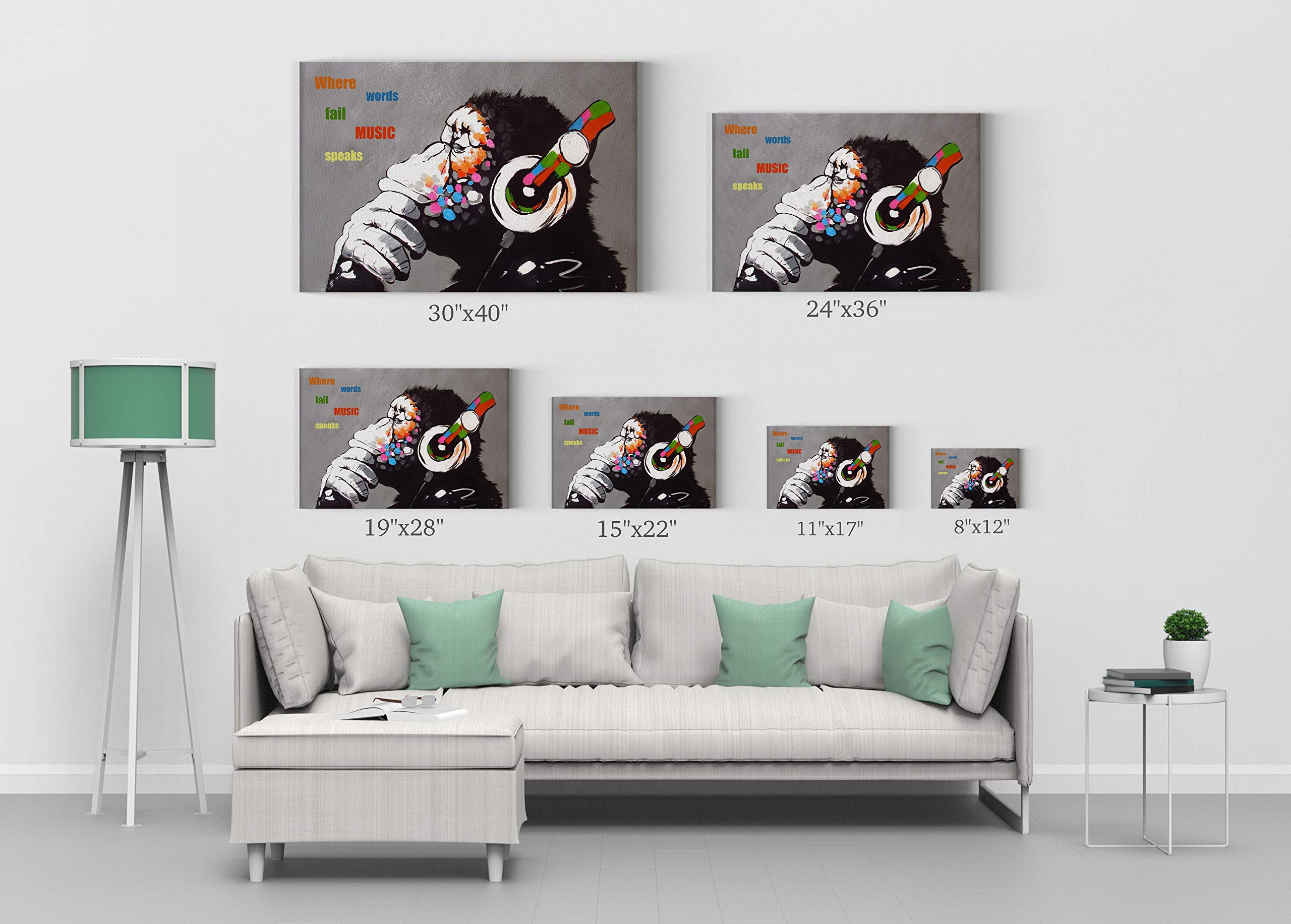 Banksy Wall Art Canvas Print - Gorilla 'Where Words Fail Music Speaks' Quote Oil Painting | Handmade in USA | 24x36 Inches | Ready to Hang Home Decor | Perfect for Living Room, Bedroom & Office Wall Art
