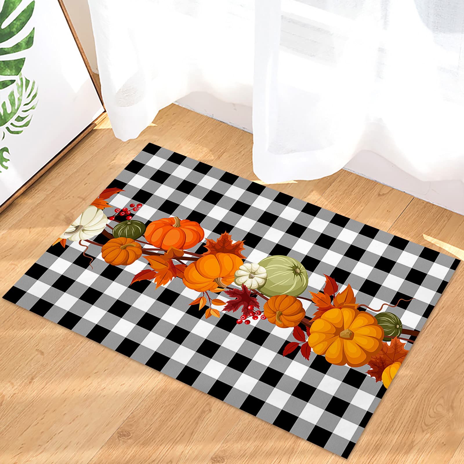 Buffalo Plaid Fall Doormat - Non-Slip, Dirt Proof Thanksgiving Welcome Mat (20x32 Inch) for Entryway, Indoor, Garage | Water Absorbent Rug with Pumpkin & Maple Leaf Design for Seasonal Home Decor