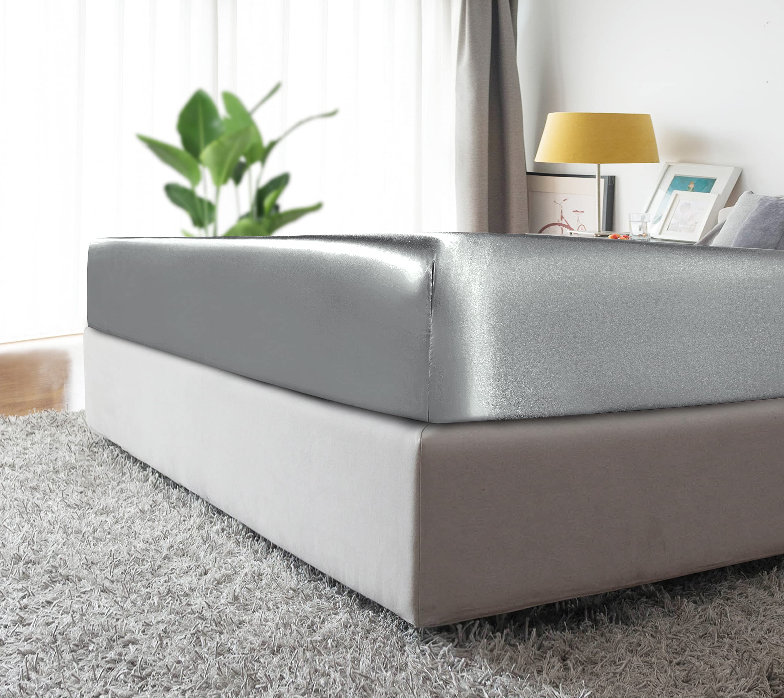MILVOWOC Twin Satin Fitted Sheet - Soft Light Gray Bed Sheet Only, 1 Piece Fitted Bottom Sheet for Comfortable Sleep & Luxury Bedroom Decor