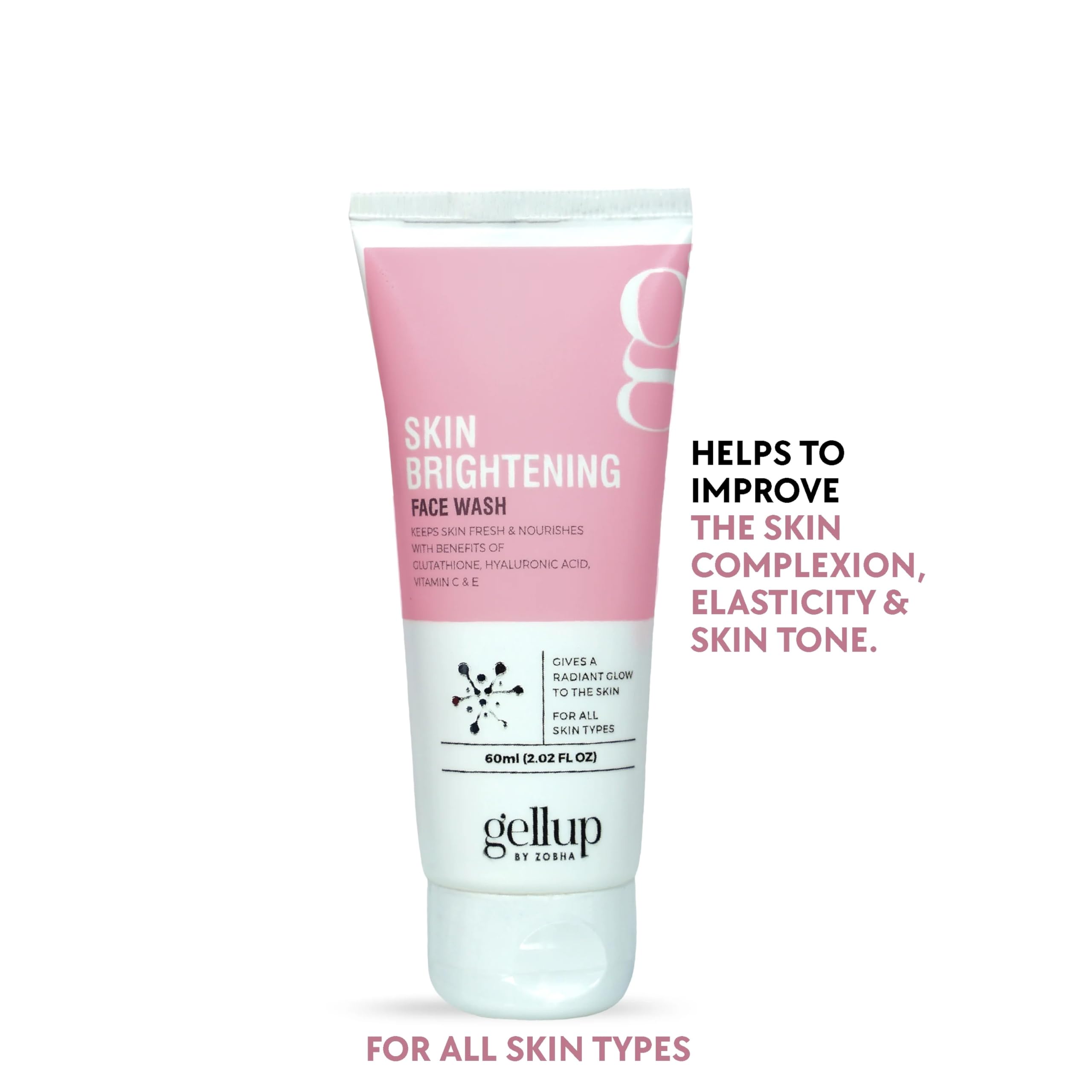 Zobha Glutathione Skin Brightening Face Wash with Hyaluronic Acid, Vitamin C & E - Gentle Cleanser for All Skin Types (60ml) | Daily Brightening & Hydrating Facial Cleanser for Glowing Skin
