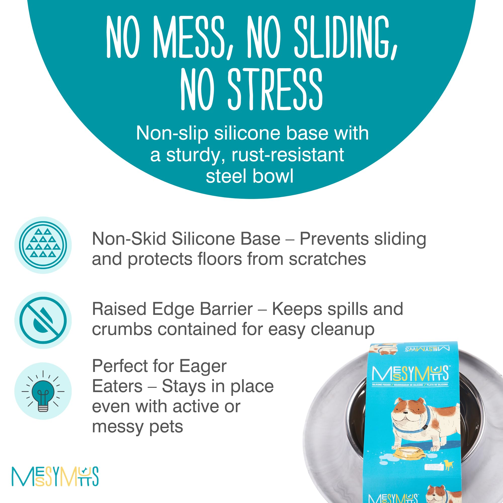 Messy Mutts Single Silicone Feeder with Non-Skid Stainless Steel Bowl - 1.5 Cup Pet Food Dish for Dogs & All Pets | Medium Size Marble Design | Perfect for Messy Eaters & Travel Use