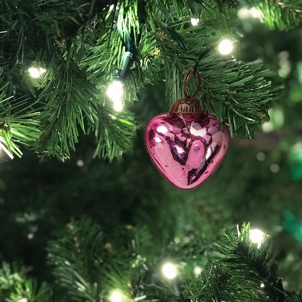 6 Pack Pink Cora Mercury Glass Heart Ornaments - Elegant Christmas Tree Decorations for Holiday Home, Party & Wedding Decor