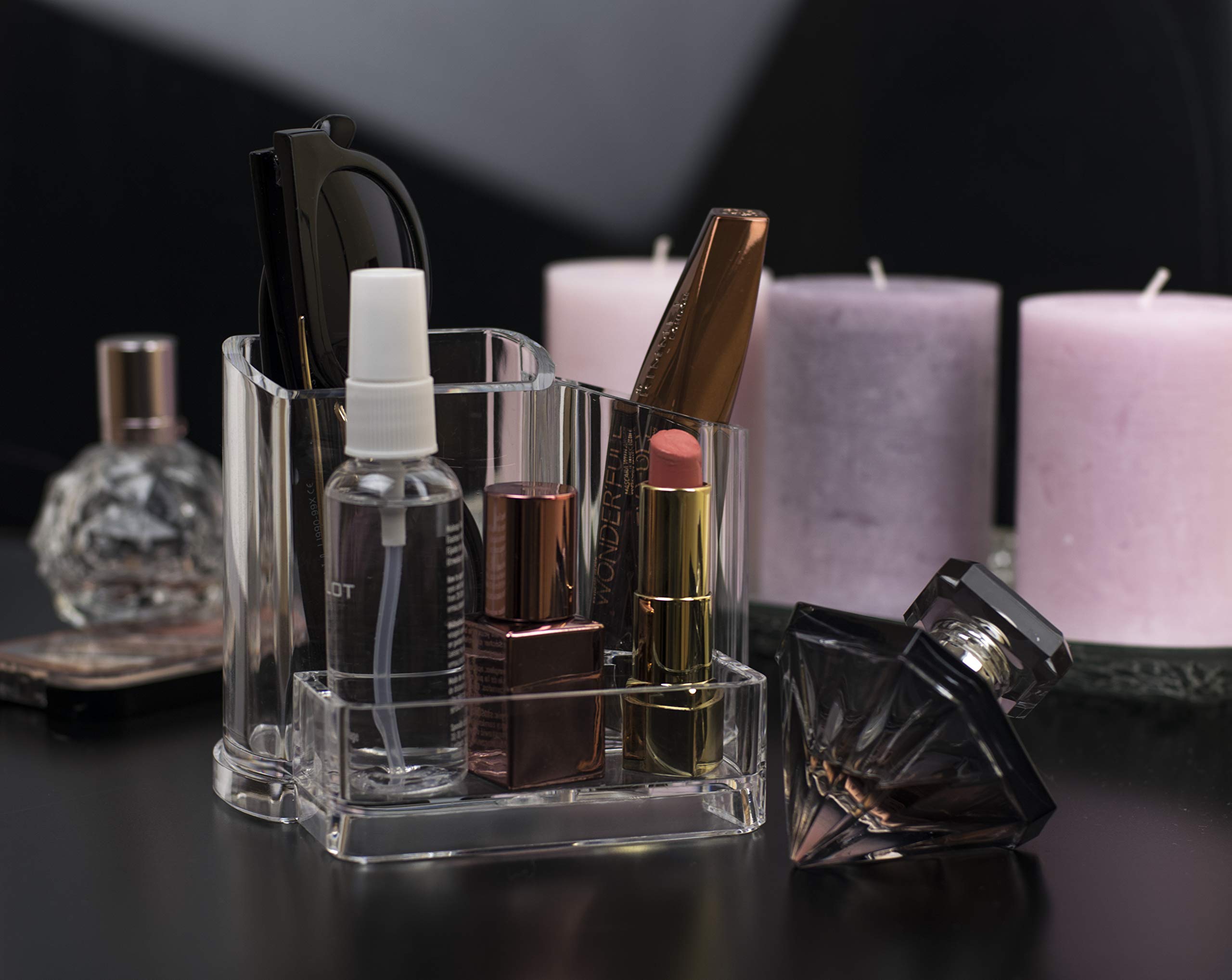 Clear 3-Compartment Bathroom & Office Organizer - Toothbrush Holder, Soap Dispenser, Makeup Brush & Lipstick Storage | Perfect for Vanity, Countertop, and Sink Organization