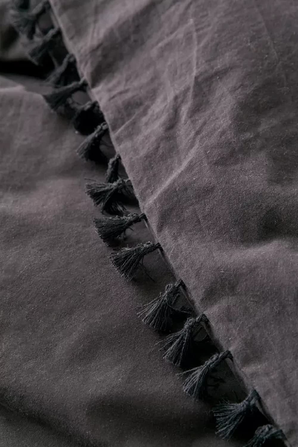 Black Stonewashed Cotton Tassel Duvet Cover Set - Queen/Full/King Size Bohemian Style Fringed Bedding for Cozy Bedroom Decor | Perfect for Master Bedroom, Guest Room & Boho Chic Home