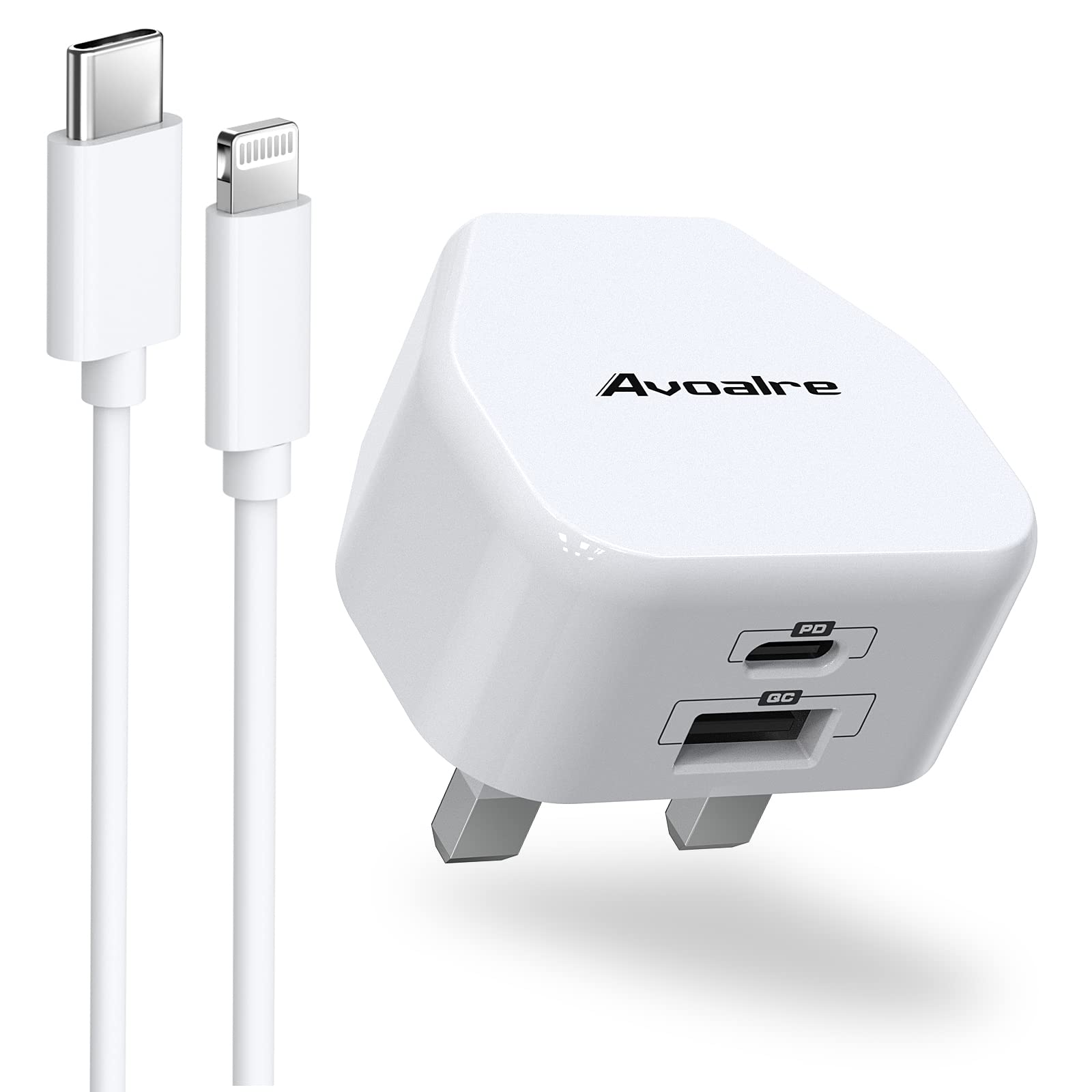 Avoalre 20W PD3.0 Fast Charger with 2-Port USB C & 2m USB C to Lightning Cable - Compatible with iPhone 14/13/12/11 Pro Max/Mini/XR/XS/SE 2020/8 Plus, iPad Pro & AirPods - Perfect for Home, Office & Travel Charging