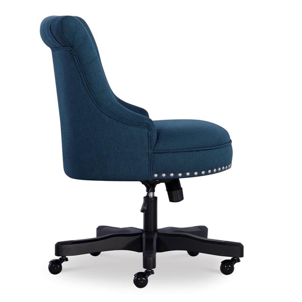 Linon Sinclair Wood Upholstered Office Chair - Ergonomic Blue Desk Chair for Home & Office Workspace, Comfortable Computer Task Chair with Adjustable Height for Long Hours Sitting