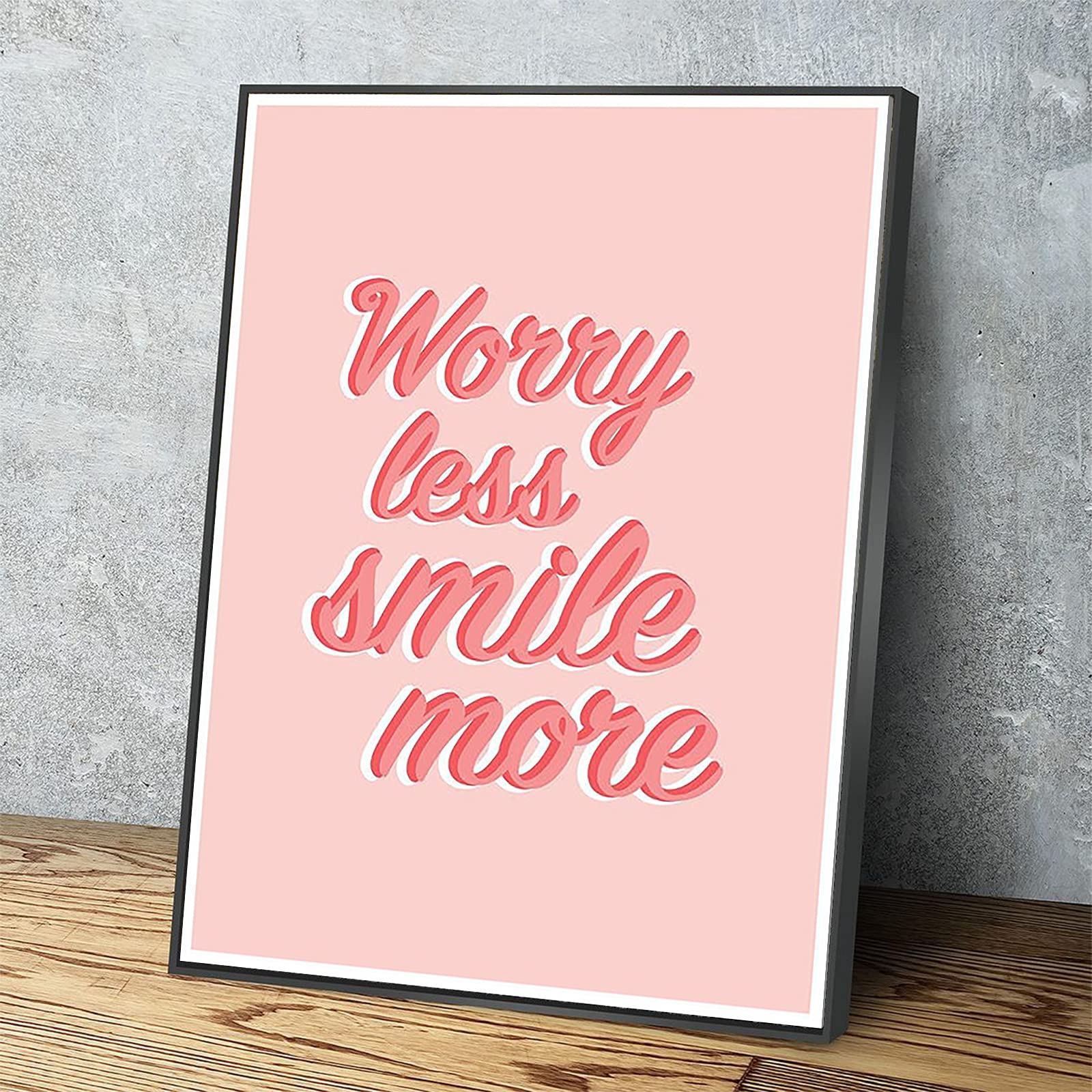 Worry Less Smile More Pink Quote Canvas Wall Art - 12x8 Inch Wood Framed Modern Poster for Home, Office & Apartment Decor - Ready to Hang Inspirational Wall Print | Perfect for Living Room, Bedroom & Workspace Motivation