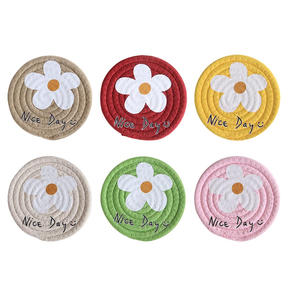 6Pcs Cotton String Placemats - Farmhouse Style Round Coasters for Coffee, Tea & Cold Drinks | Absorbent Cup Coasters for Dinner Parties, Rustic Home Decor & Kitchen Use