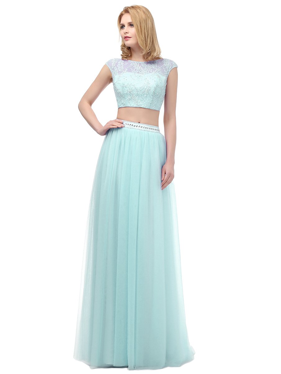 Elegant Two-Piece Long Prom Dresses with Appliqued Bodice & Beaded Waist - Perfect for Homecoming, Formal Dances & Special Occasions