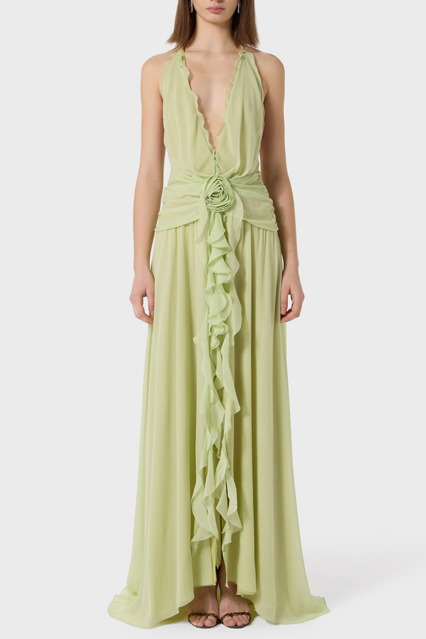 Aonaver Floral Ruffle Halter Maxi Dress for Women - Elegant Green Summer Beach Dress for Vacation, Party & Wedding Guest Outfit
