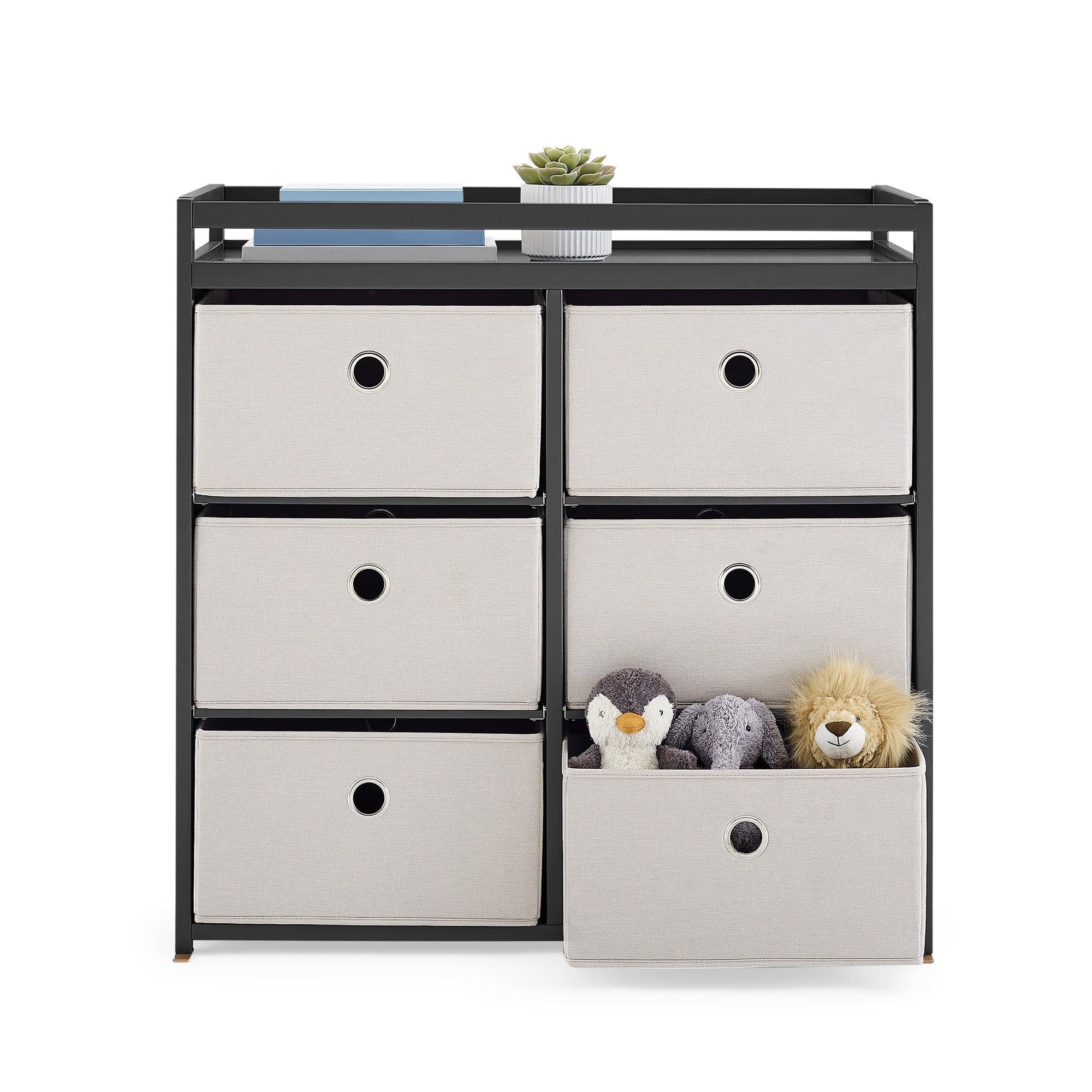 Delta Children Hayes Changing Table and Dresser with 6 Fabric Drawers - Nursery Storage Solution in Charcoal Grey/Flax | Perfect for Baby Room Organization and Diaper Changing Station
