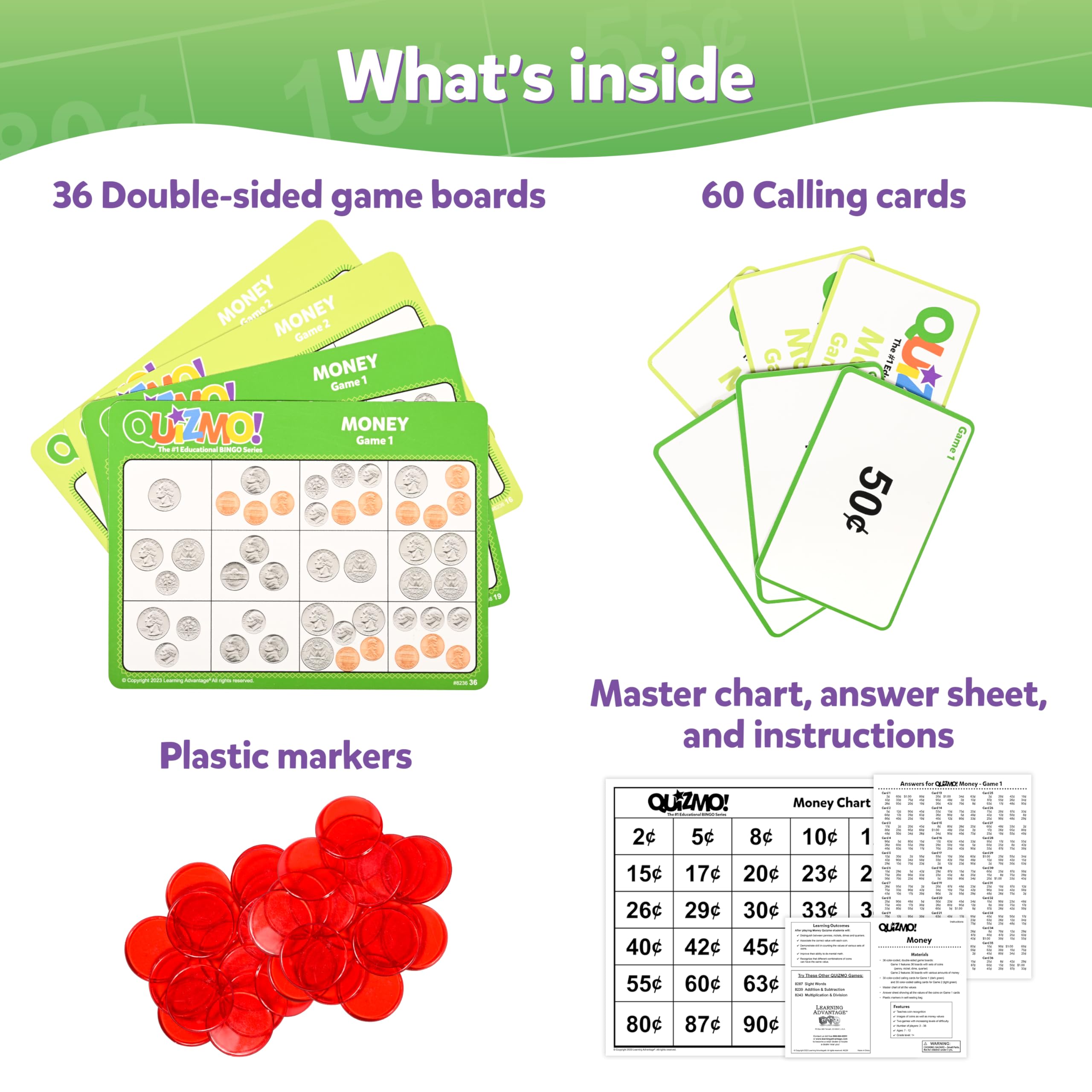 QUIZMO Money - Educational Bingo-Style Money Game for Kids Ages 7-12 - Learn Coin Recognition & Valuation with 2 Difficulty Levels - Perfect for Classroom Math Activities & Family Game Night