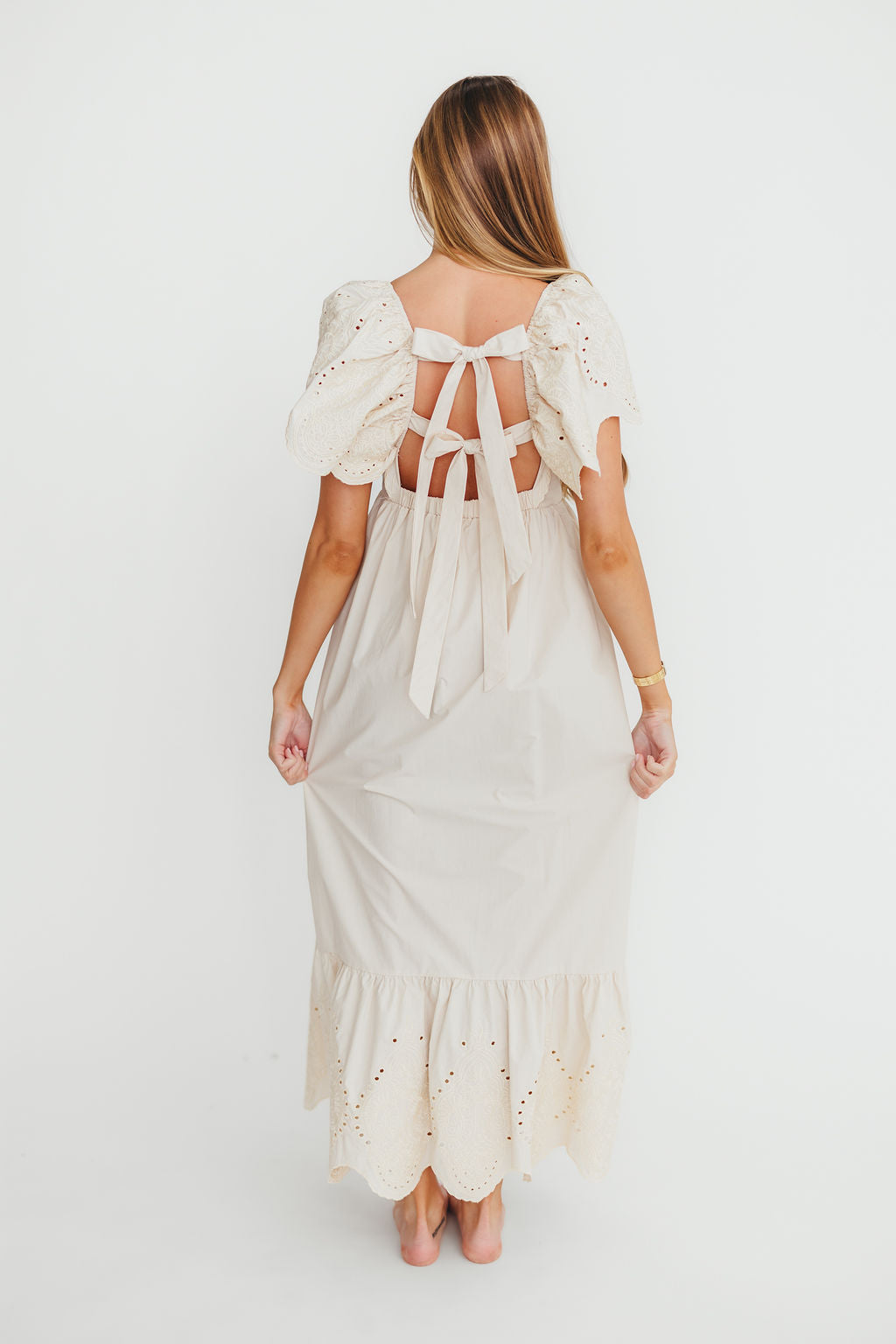 Brooklyn 100% Cotton Eyelet Detail Maxi Dress in Natural - Flowy Summer Dress for Beach, Wedding & Casual Wear | Breathable & Comfortable Women's Fashion