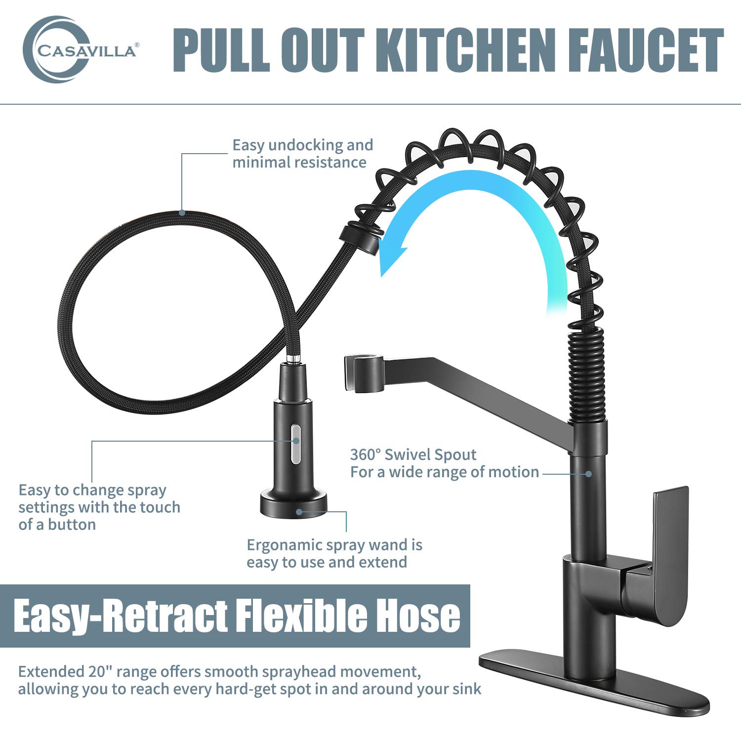 **Black Kitchen Faucet with Pull Down Sprayer - Single Handle Brass Sink Faucet with Deck Plate (KF-B-2001) - Perfect for Modern Kitchens & Easy Dishwashing**