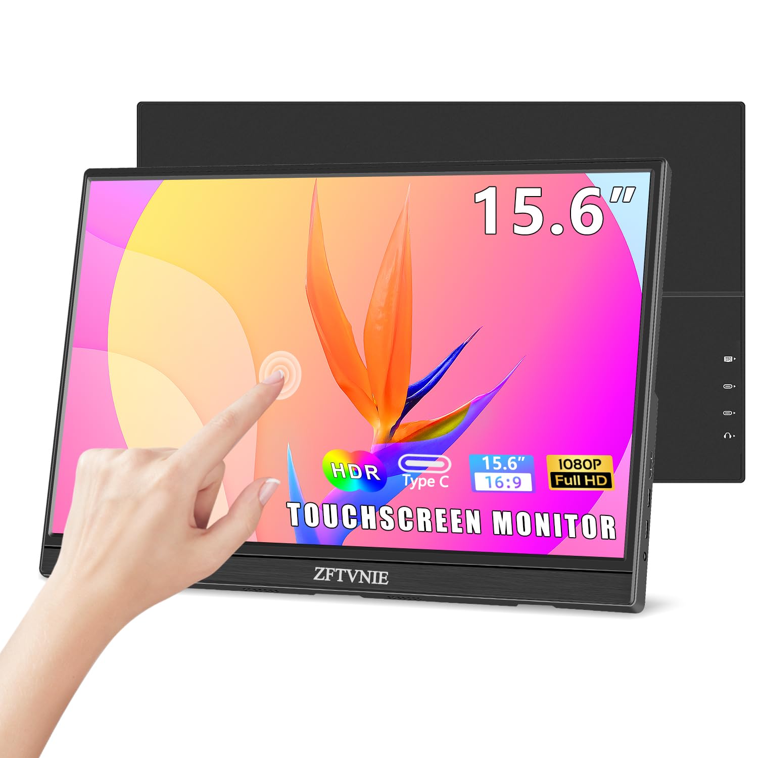 ZFTVNIE 15.6 Inch Full HD 1080P Touchscreen Portable Monitor - HDMI & USB-C External Display for Laptop, PC, Phone, PS4, PS5 - Perfect for Gaming, Work & Travel