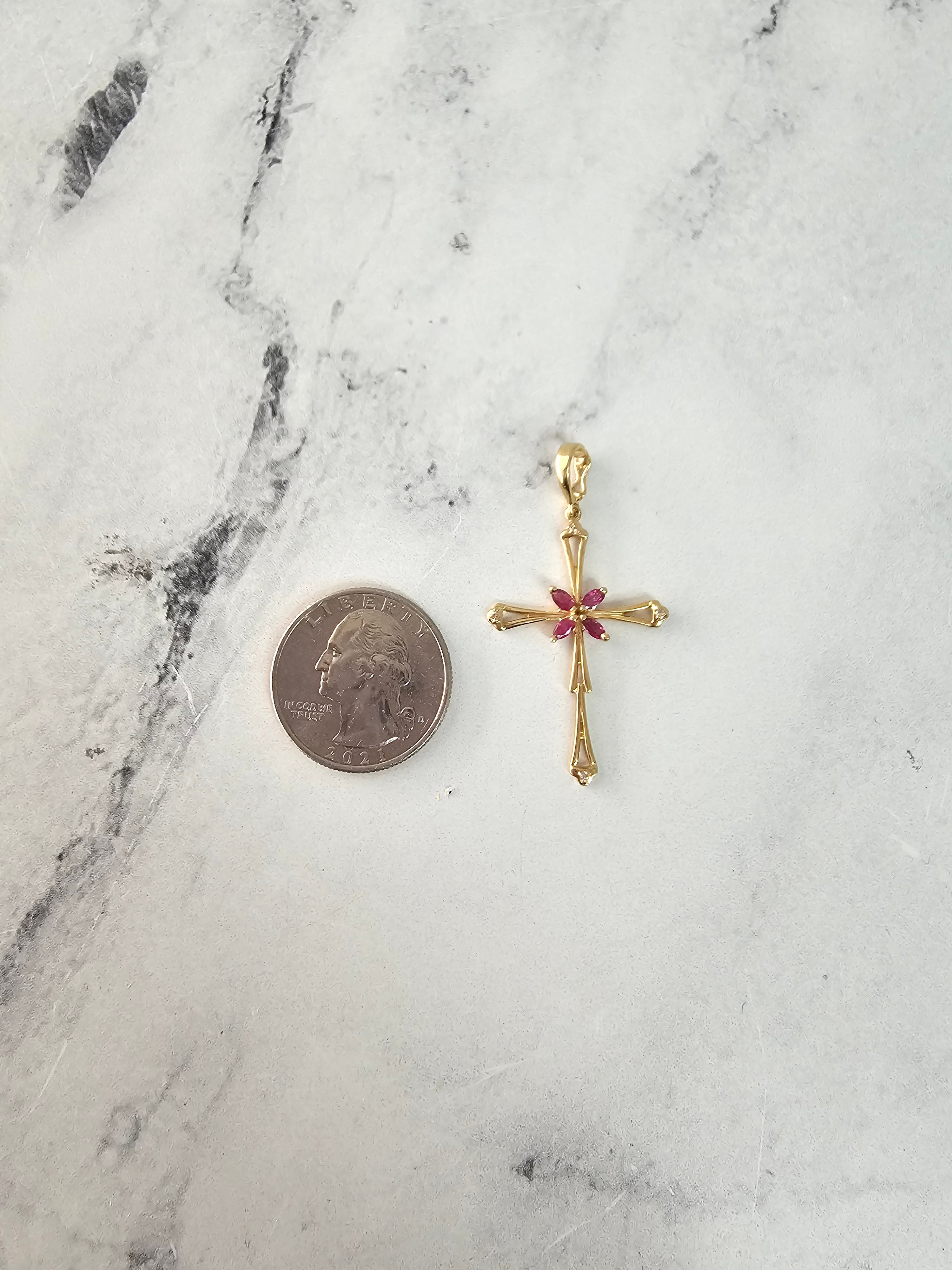 Vintage Marquise Ruby Cross Pendant with Diamond Accents in 14k Yellow Gold - Elegant Religious Jewelry for Women, Perfect for Gifts, Weddings & Special Occasions
